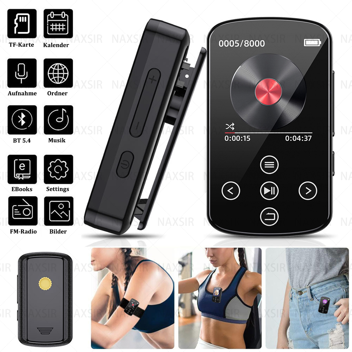 Schwarzer MP3-Player mit Tasten und Symbolen. Das Bild zeigt verschiedene Funktionen und Szenarien.