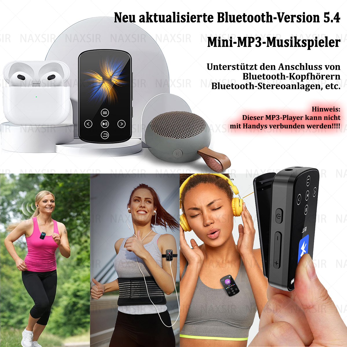 Schwarzer MP3-Player mit Ohrhörern, Lautsprecher und drei Personen, die ihn in verschiedenen Situationen tragen.