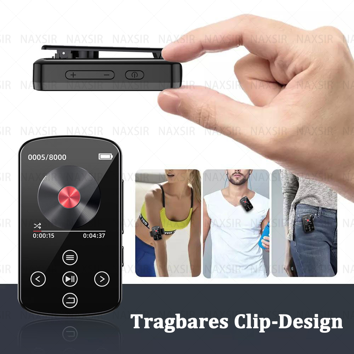 Schwarzer MP3-Player mit Clip, Tasten. Eine Hand hält ihn. Nutzungsbeispiele im Bild.