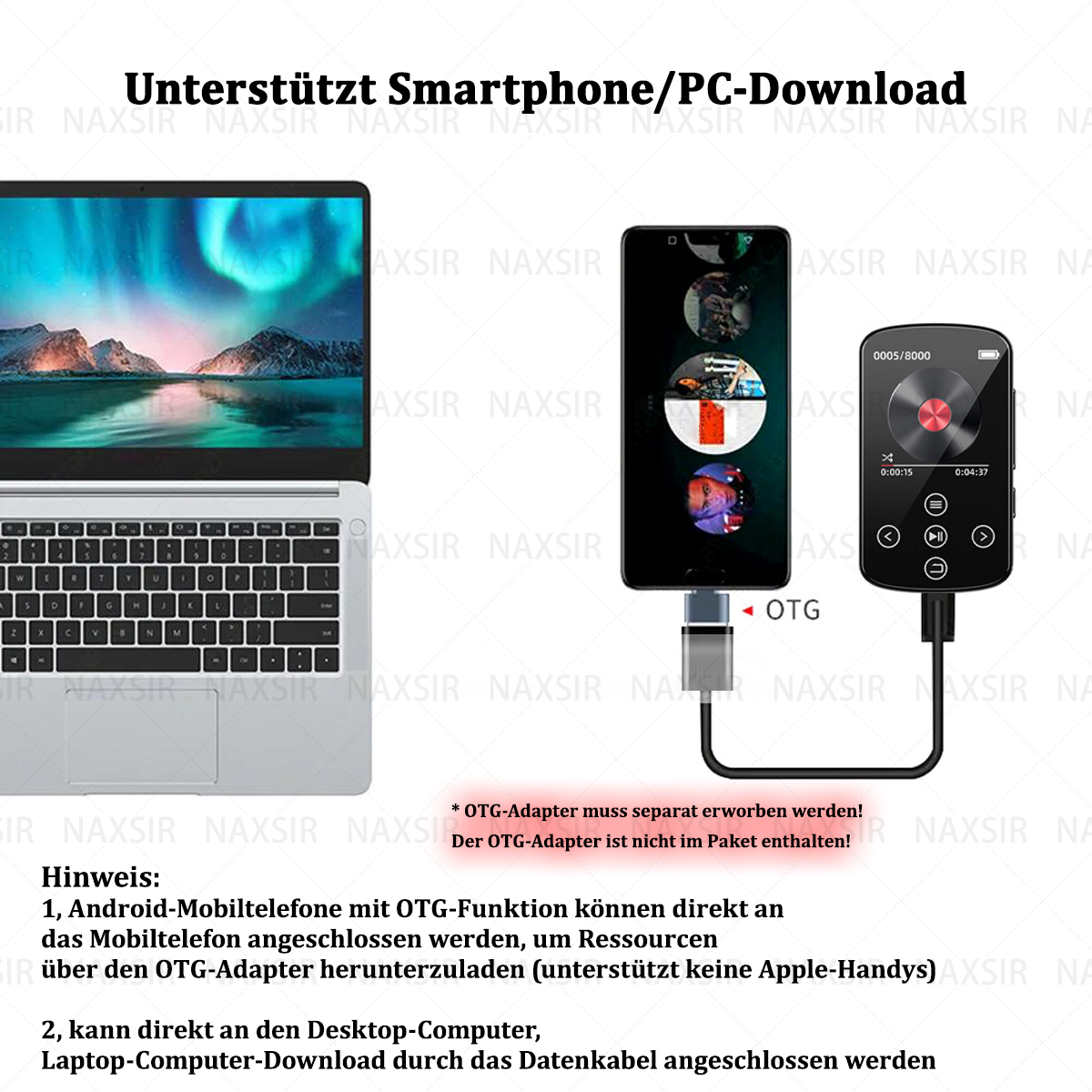 Diagramm: Laptop über ein Kabel mit einem Telefon/MP3-Player verbunden.