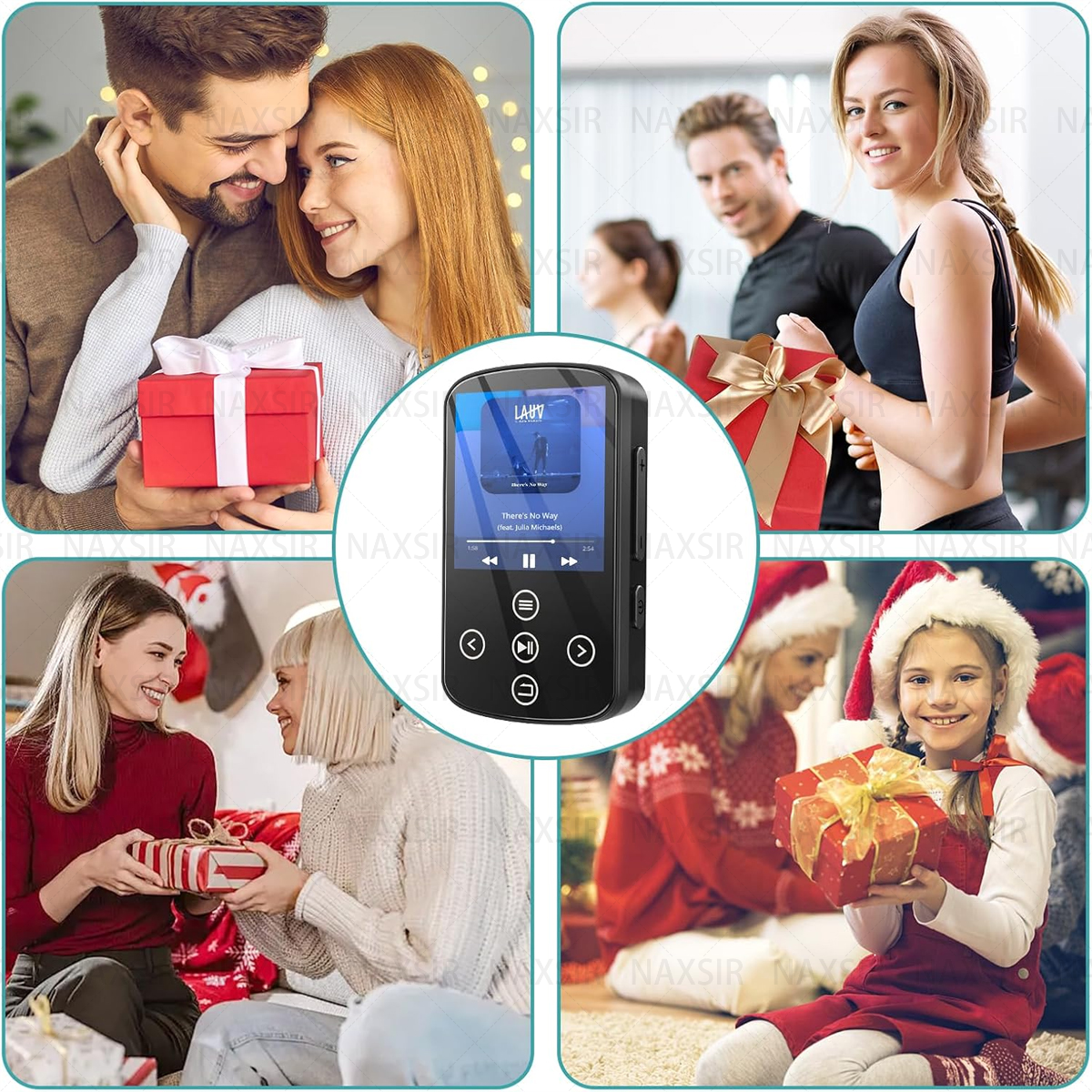 Ein Musikplayer mit Bildschirm in der Mitte, umgeben von Personen, die Geschenke austauschen. Verschiedene Hintergründe.