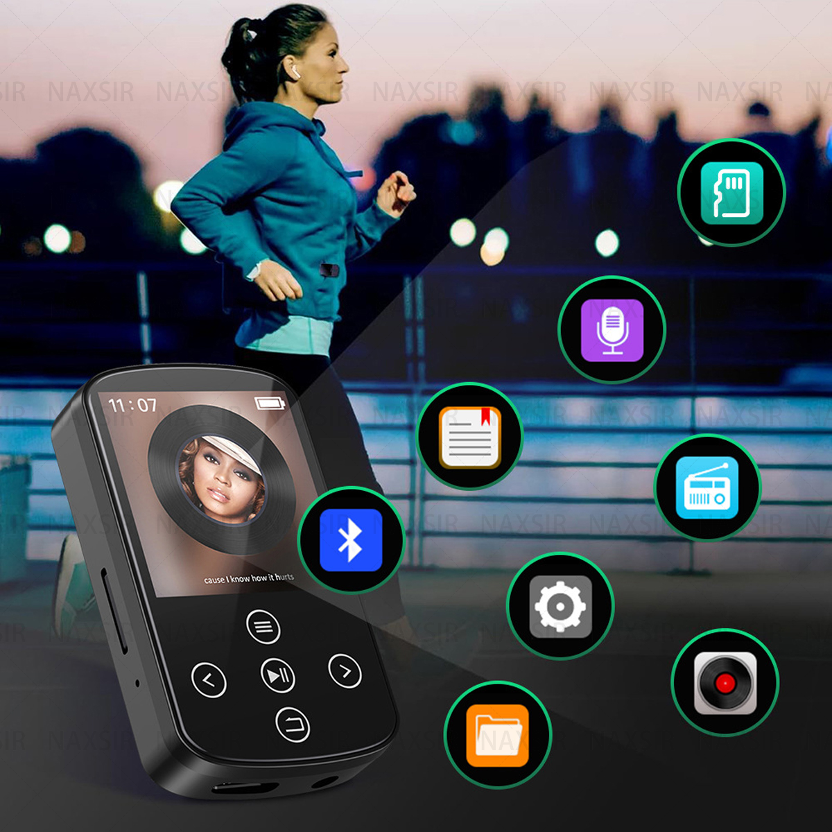 Schwarzer MP3-Player mit Bildschirm, der einen Song zeigt, und Symbolen für verschiedene Funktionen, eine Frau rennt.