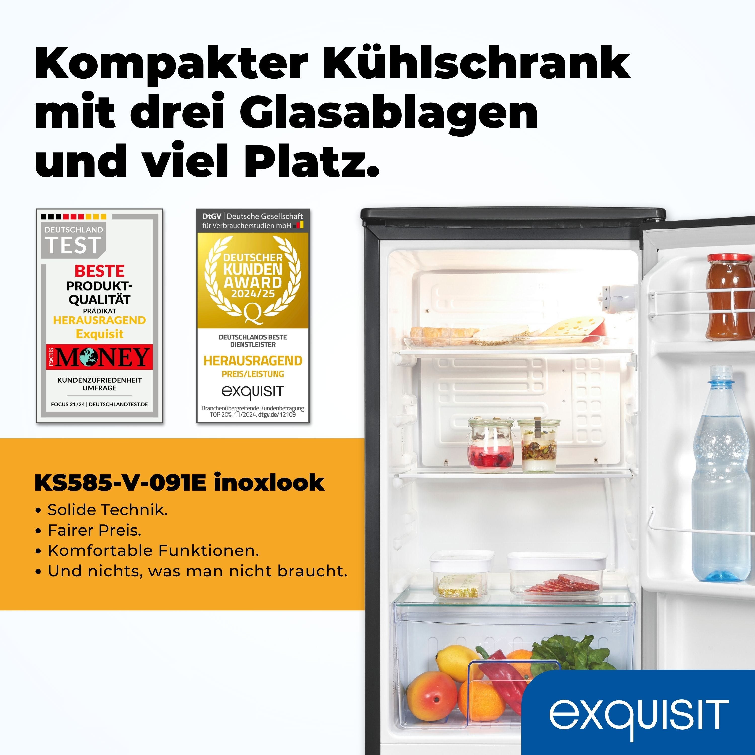 Ein kleiner Kühlschrank mit drei Glasböden und viel Platz. Er hat zwei Auszeichnungen und Text auf Deutsch.