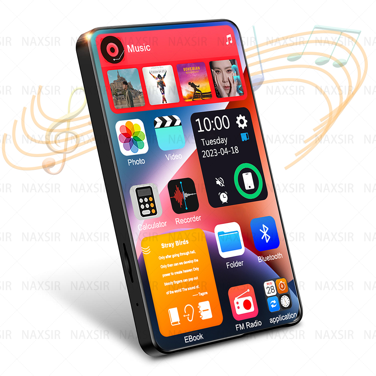 Ein schwarzer MP3-Player mit Touchscreen, der App-Symbole anzeigt. Der Hintergrund hat Noten und ein rot-weißes Banner.