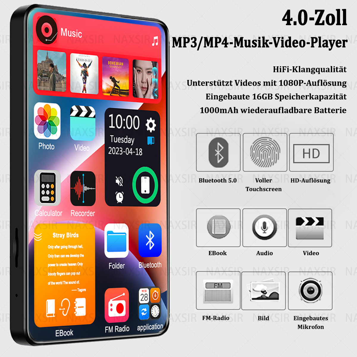 Ein schwarzer MP3-Player mit Touchscreen, der App-Symbole anzeigt. In der Nähe befindet sich eine 16GB-Speicherkarte. Der Hintergrund ist weiß.