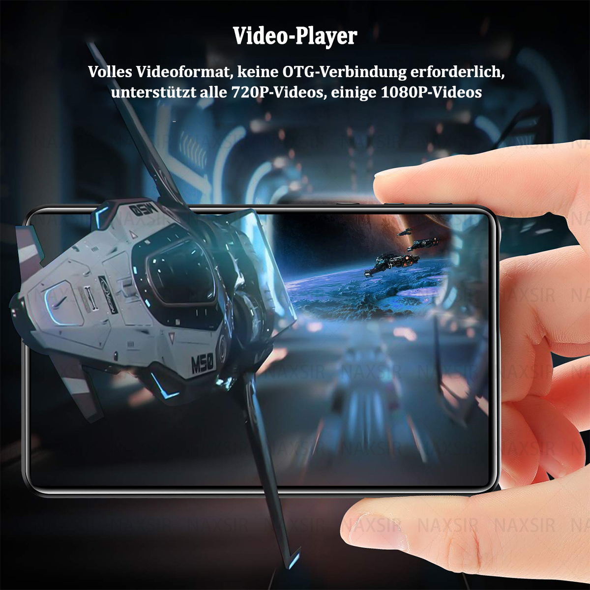 Ein Smartphone-Bildschirm, der eine futuristische Raumschiffszene zeigt, mit einer Hand, die es hält. Video-Player Text ist oben.