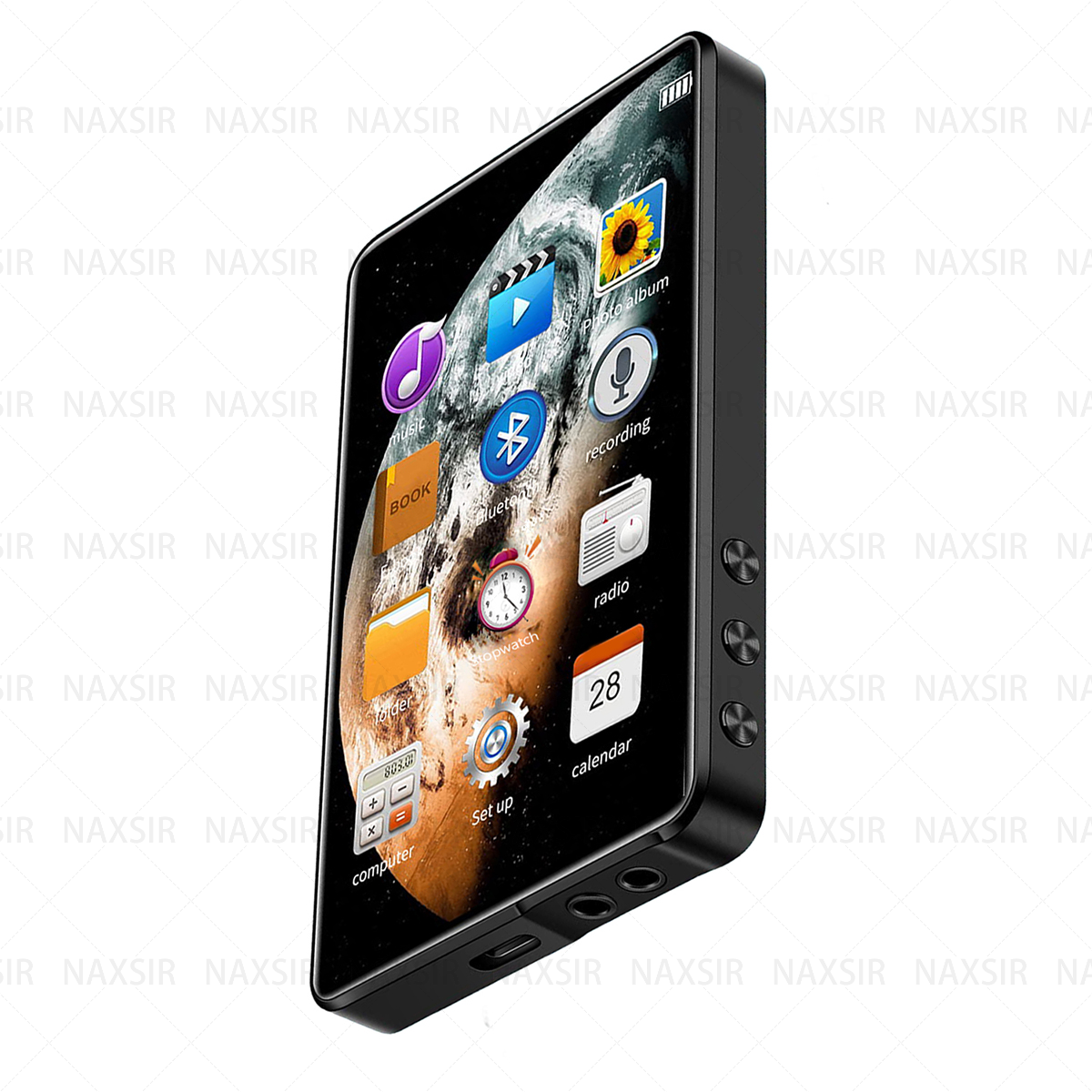 Ein schwarzer MP3-Player mit einem Bildschirm, der App-Symbole anzeigt. Es ist eine Seitenansicht vor weißem Hintergrund.
