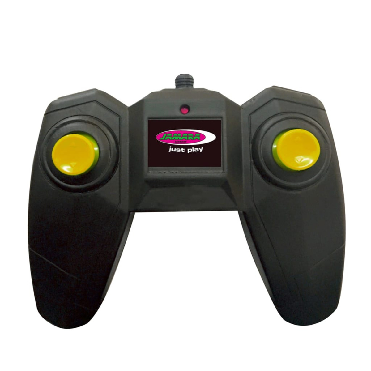 Eine schwarze Fernbedienung mit gelben Knöpfen und den Worten 'just play' auf dem Bildschirm. Auf weißem Hintergrund.
