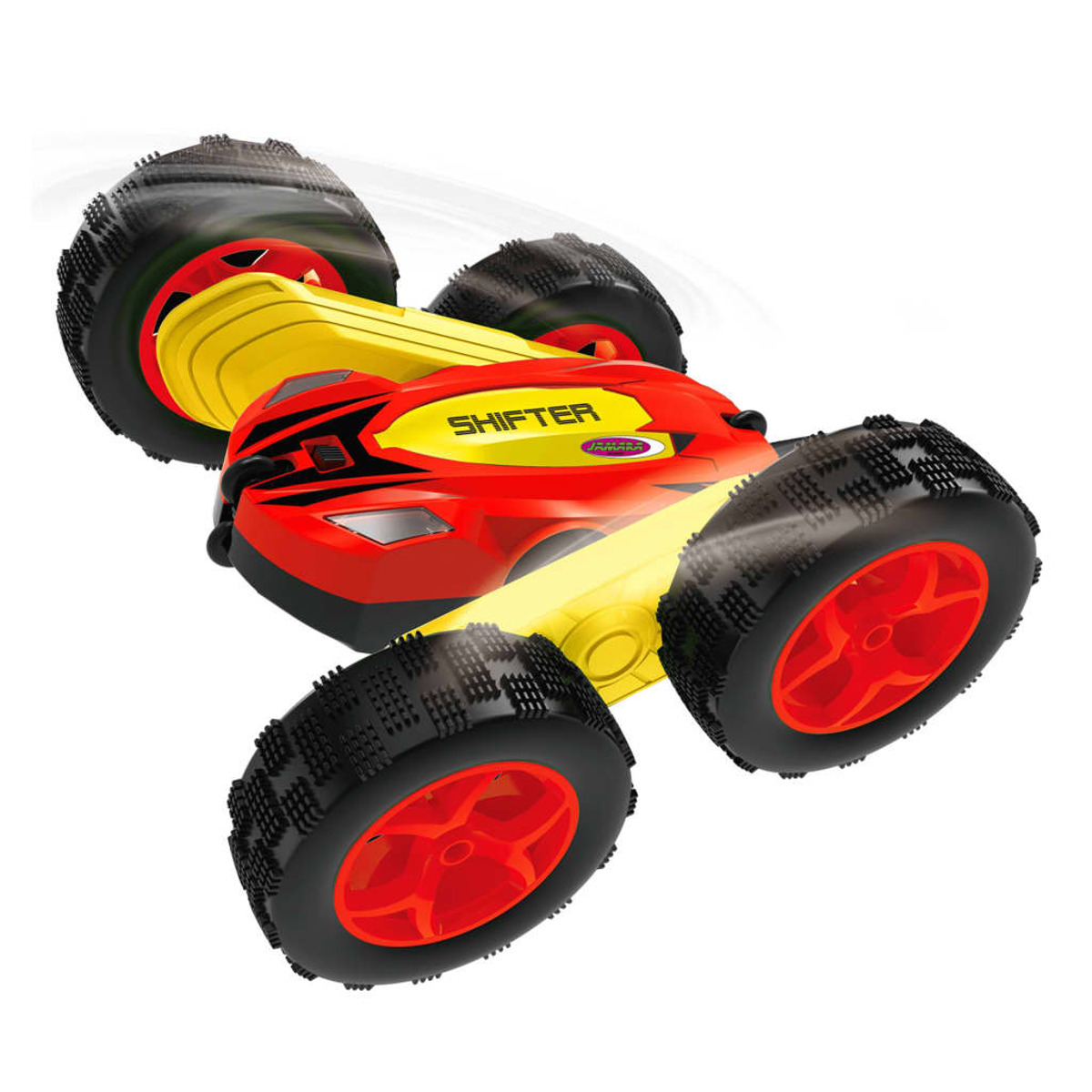Ein rotes und gelbes Spielzeugauto mit schwarzen Rädern. Es liegt kopfüber auf weißem Grund. Das Wort 'Shifter' ist sichtbar.