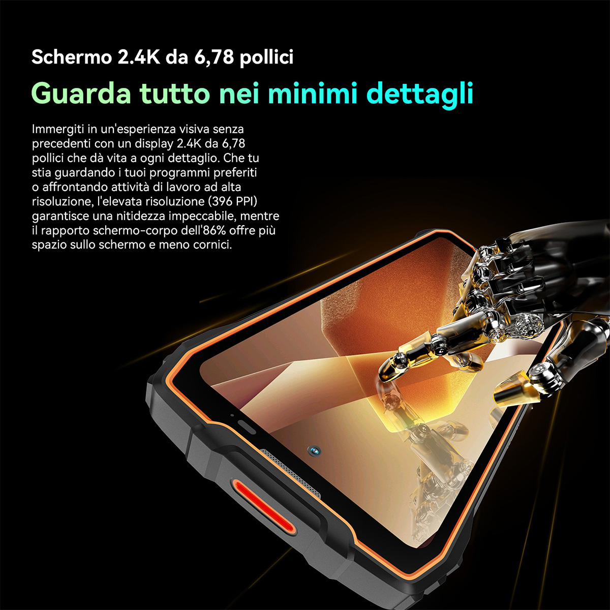 Schermo dello smartphone che mostra dettagli. Primo piano del telefono con bordo arancione.