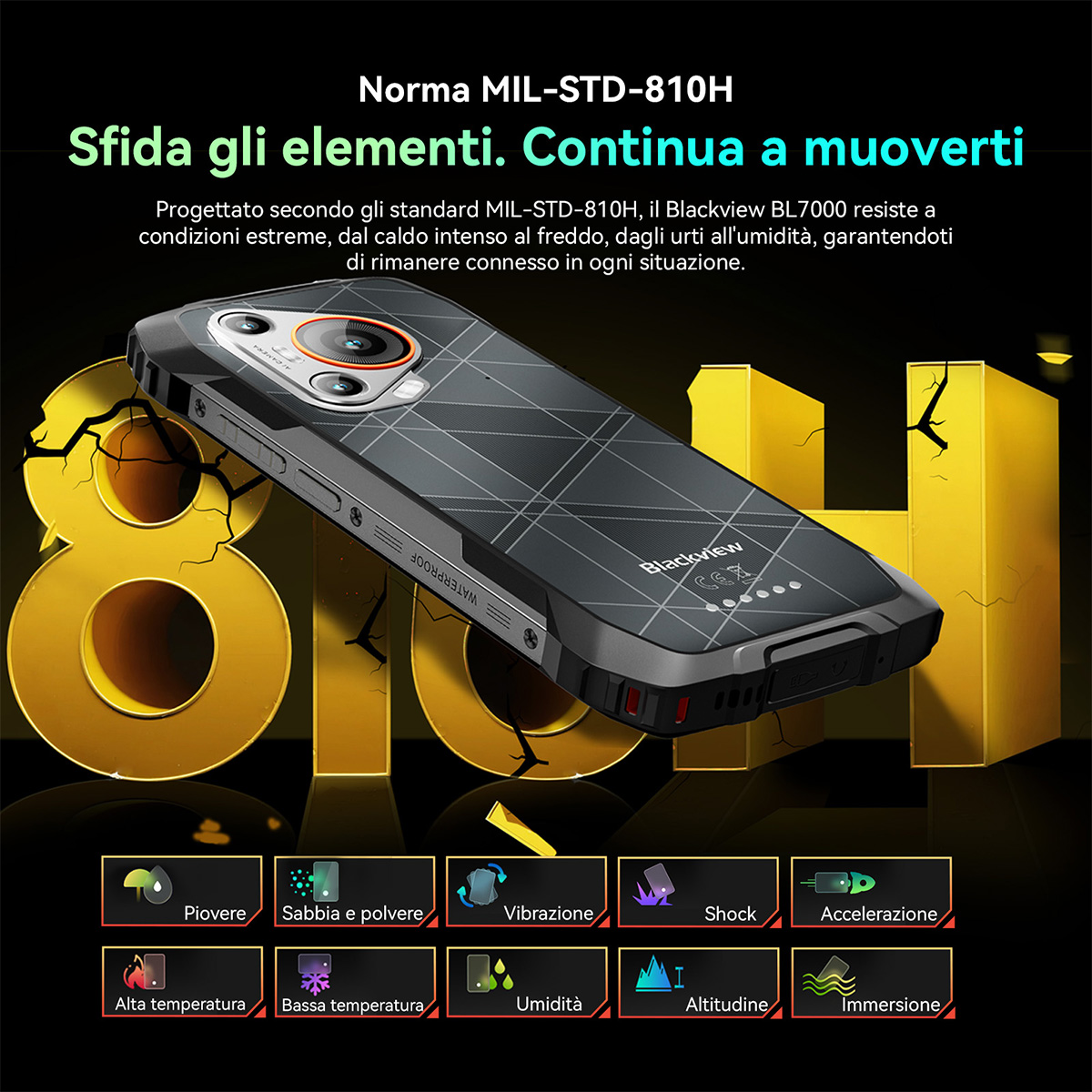 Telefono nero resistente con testo che indica impermeabilità e resistenza agli elementi.