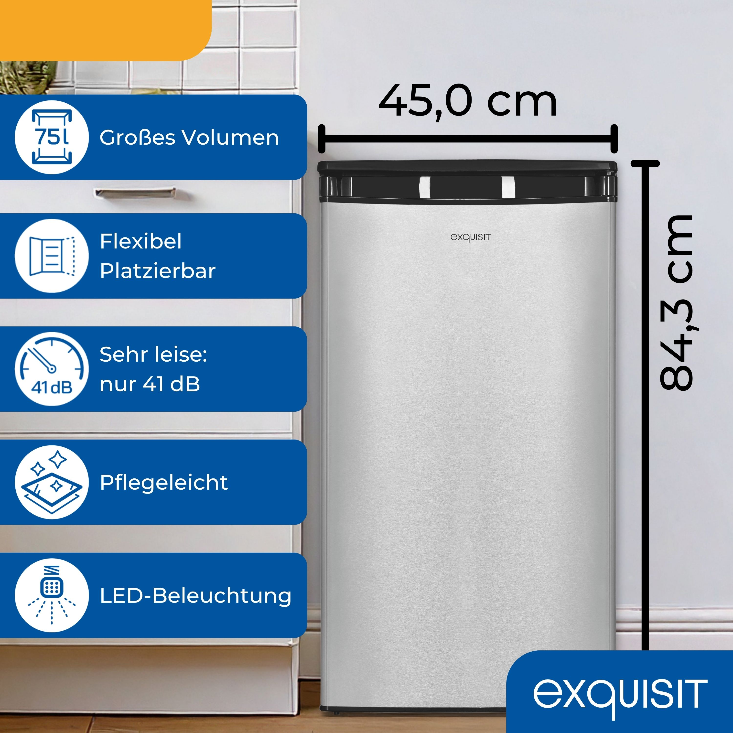 Kleiner Kühlschrank mit Textetiketten, die Volumen, Flexibilität, Geräuschpegel und Beleuchtung angeben.
