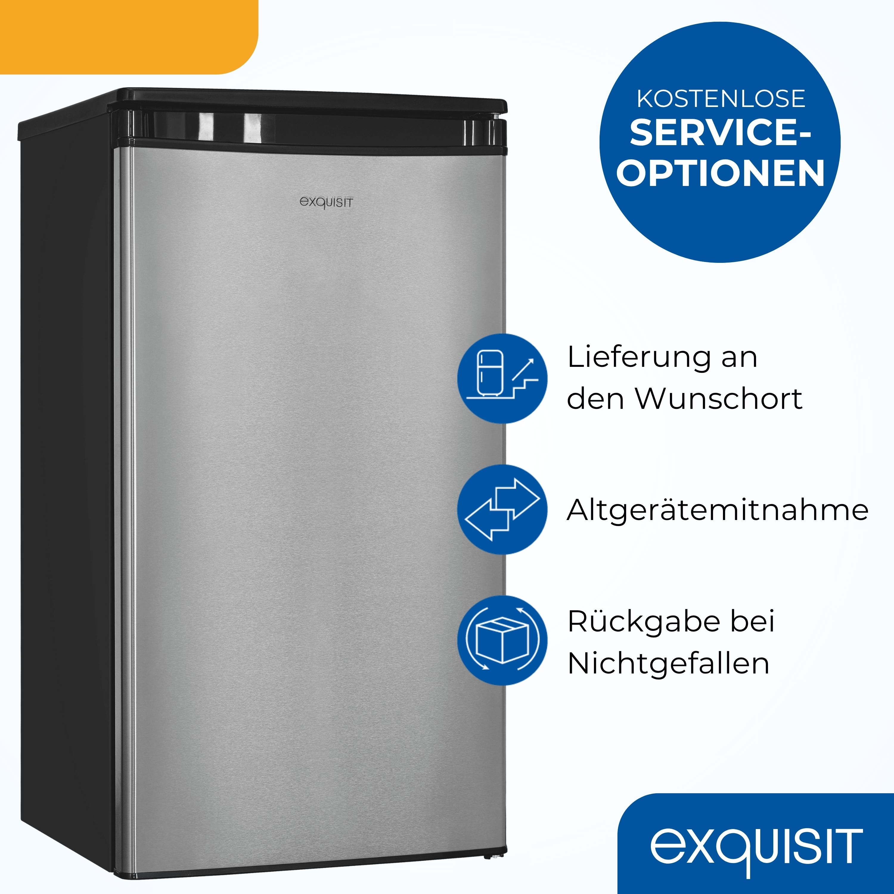 Silberner Kühlschrank mit schwarzer Oberseite, zeigt Serviceoptionen und Logo.
