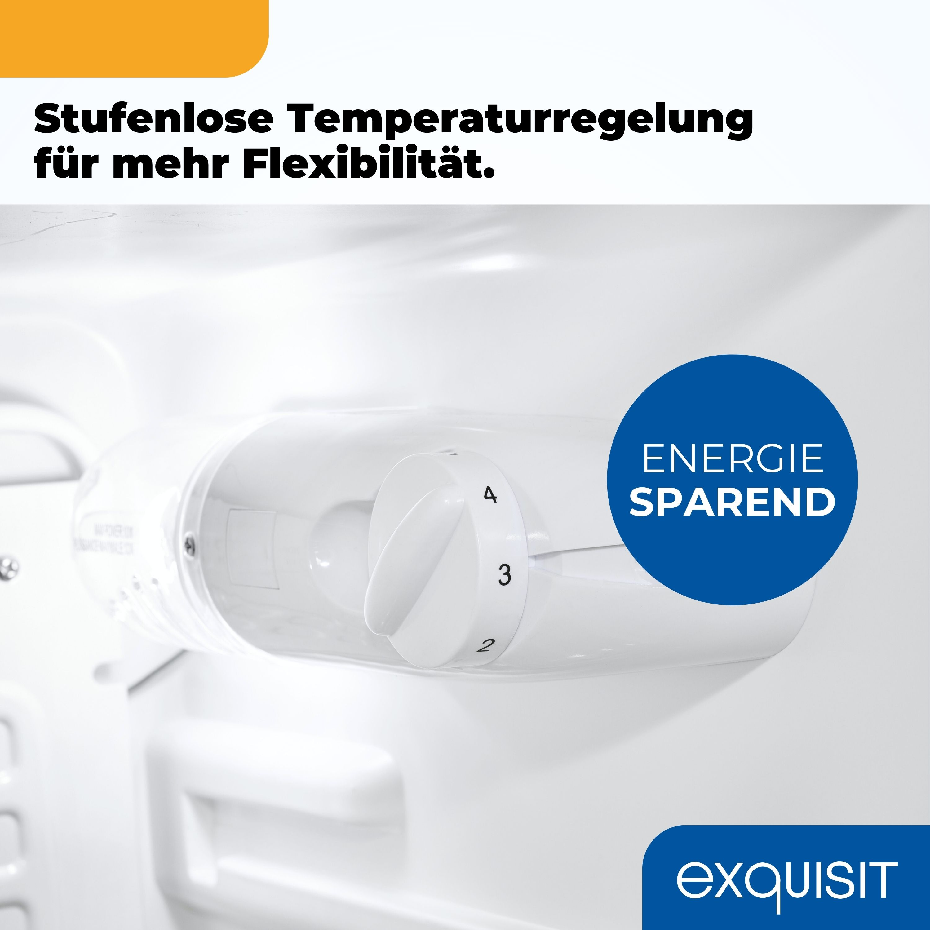 Ein weißes Zifferblatt mit den Zahlen 1-4, beschriftet mit 'ENERGIE SPAREND' in einem blauen Kreis. Es ist ein Kühlschrankteil.