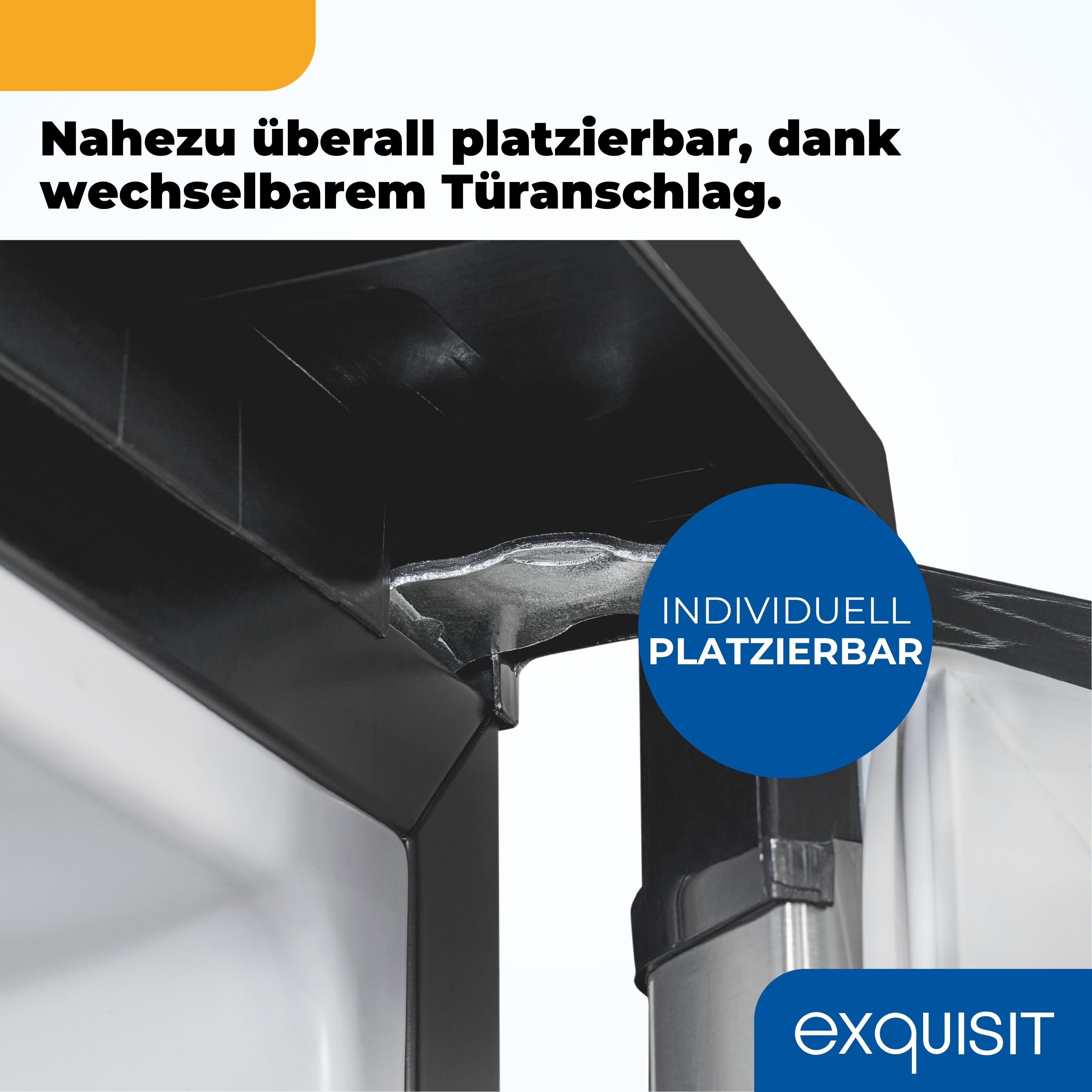 Ecke einer schwarzen Kühlschranktür mit Text über flexible Platzierung.