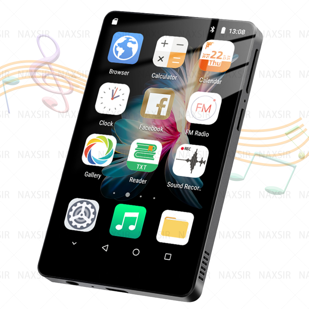 Lettore MP3 nero con touchscreen, mostra le icone delle app.
