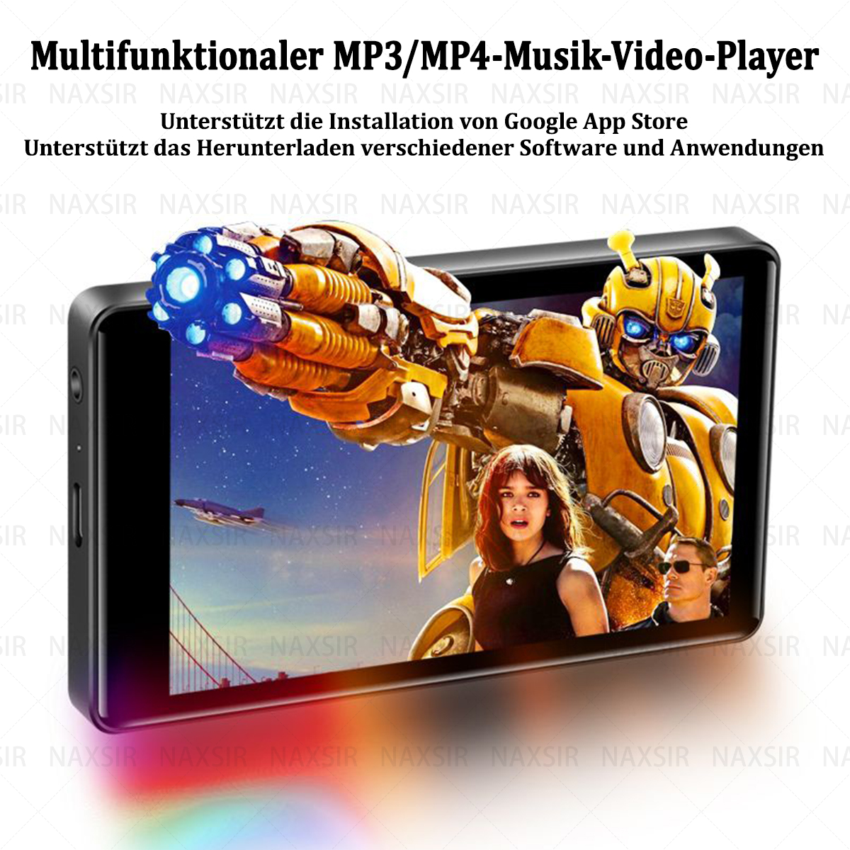 Un lettore video musicale MP3/MP4. Uno schermo mostra una scena del film. Un robot e persone sono nella scena.