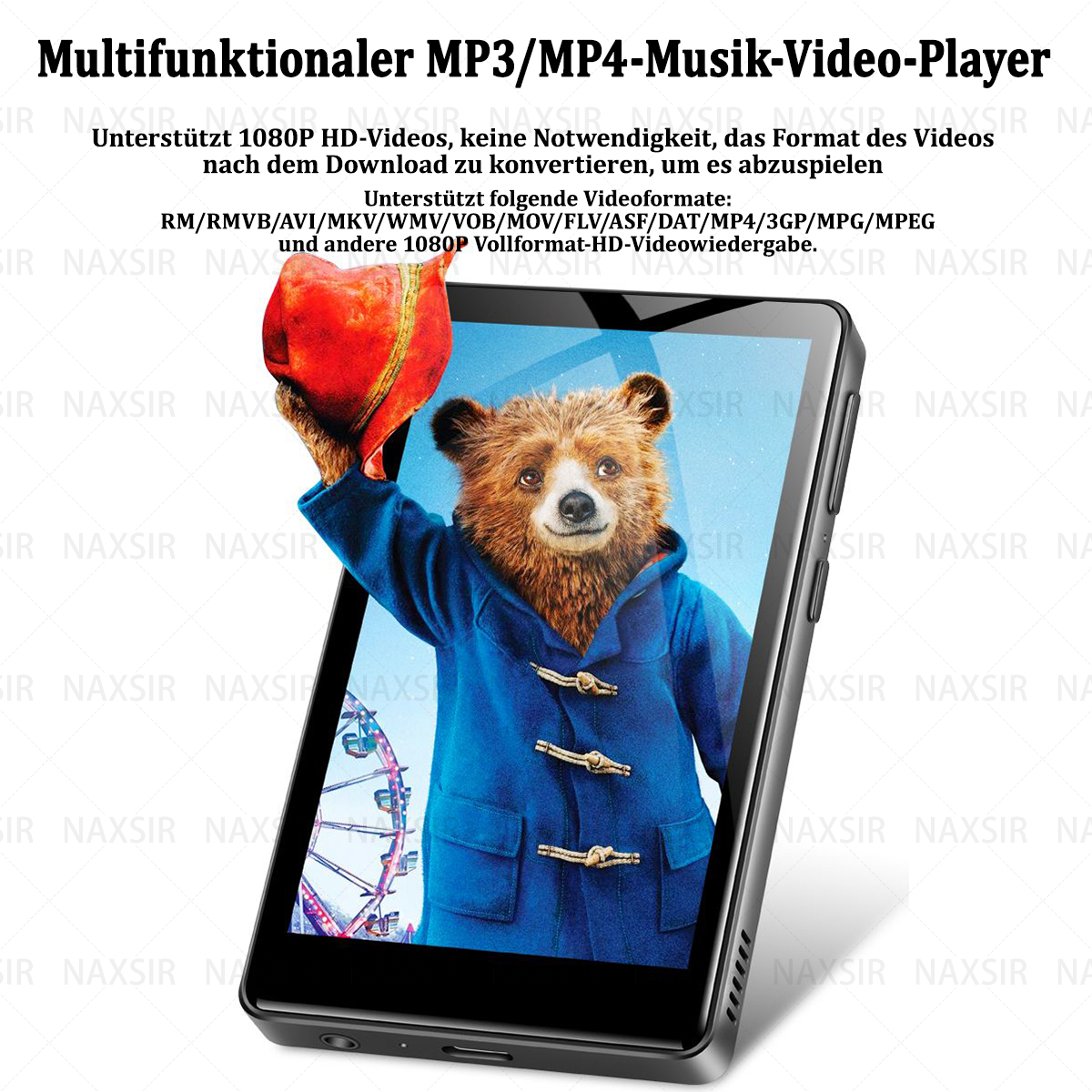 Lettore MP3/MP4 che mostra Paddington Bear e un'immagine della ruota panoramica.