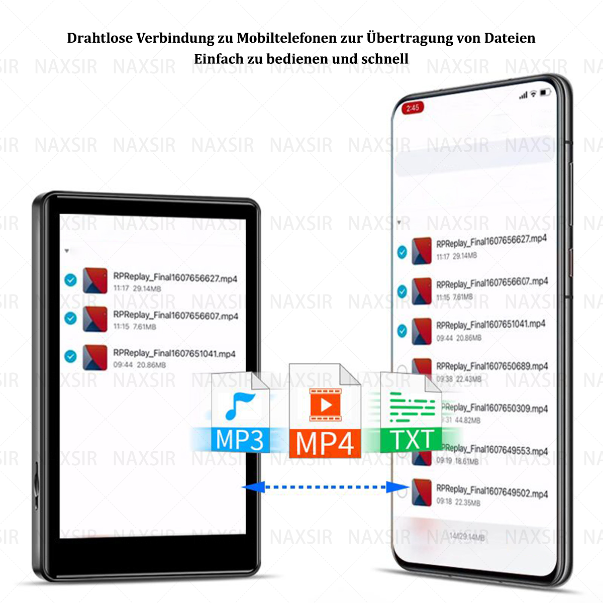 Due dispositivi con un cavo tra loro. Uno mostra i file in trasferimento. Il testo indica file MP3, MP4 e TXT.
