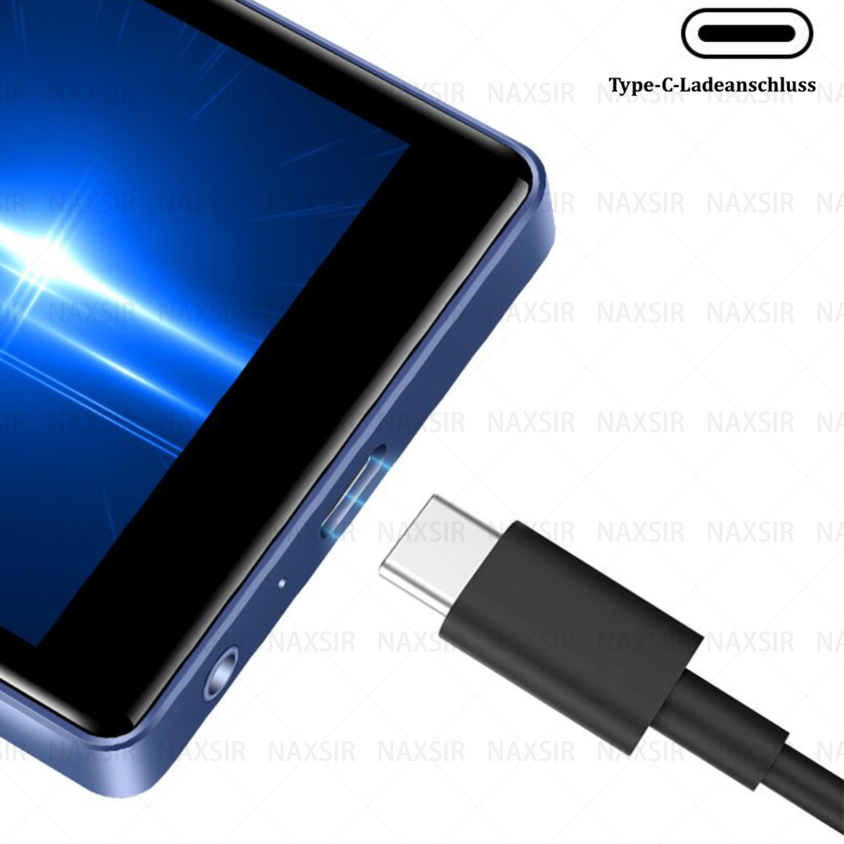 Primo piano di un lettore MP3 blu con porta USB-C e cavo di ricarica.