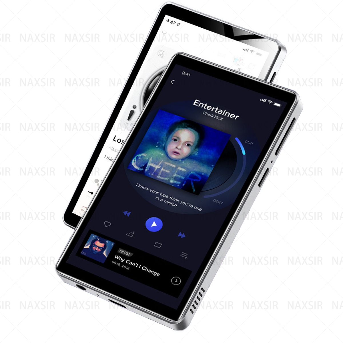 Lettore MP3 nero con app musicale, canzone e copertina dell'album.