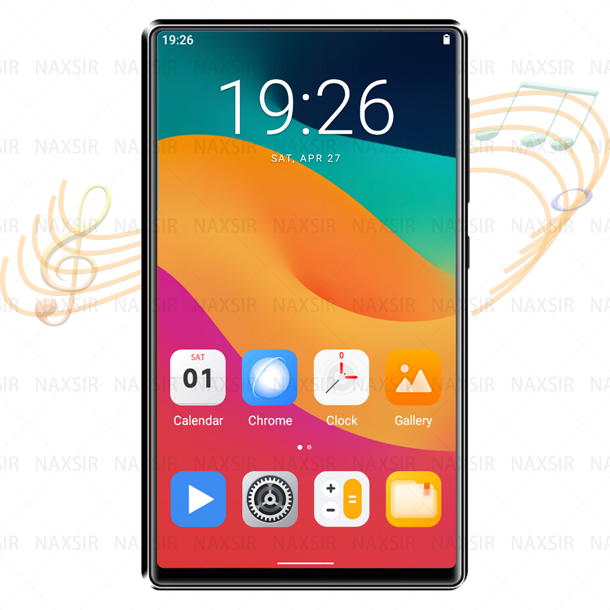 Eine Telefonoberfläche mit App-Symbolen auf farbenfrohem Hintergrund. Die Uhr zeigt 19:26 an. Musiknoten im Hintergrund.