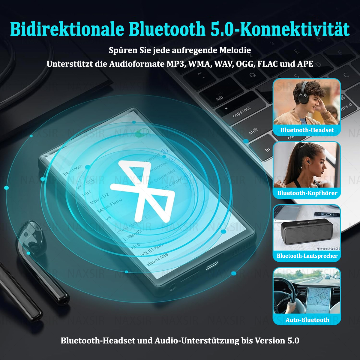 Bild zeigt einen Mediaplayer mit Bluetooth-Logo und verschiedenen angeschlossenen Geräten: Kopfhörer, Lautsprecher, Auto.