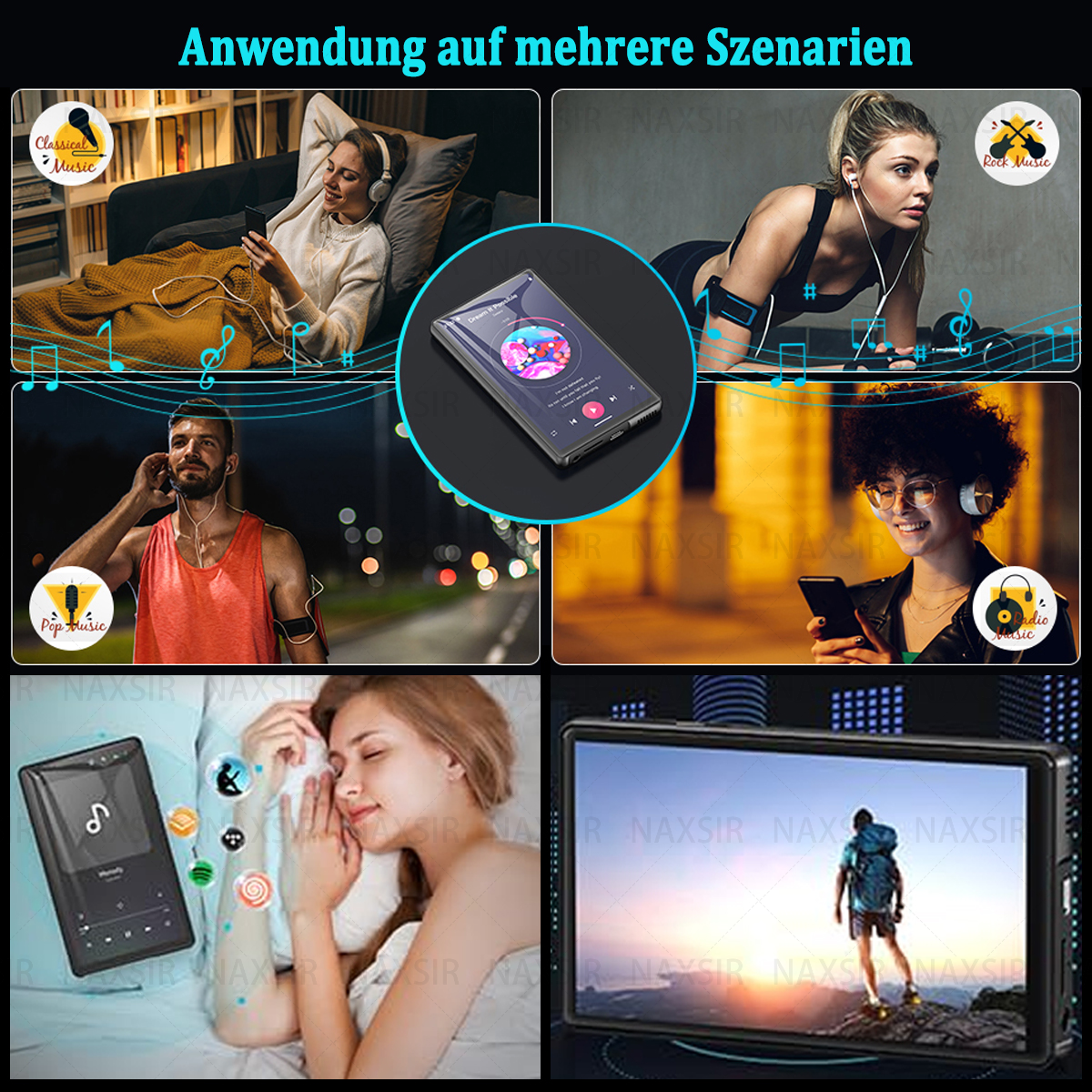 Mehrere Szenen von Menschen, die einen MP3-Player benutzen. Eine Frau im Bett und andere beim Training, die Musik hören.