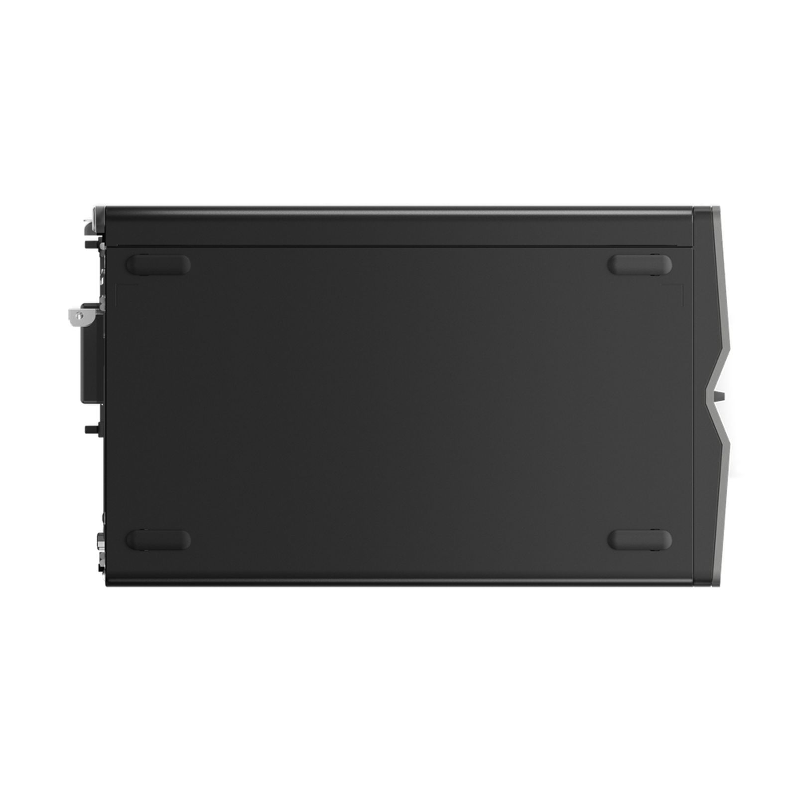 Czarna obudowa komputera, widok od dołu, z czterema nóżkami.