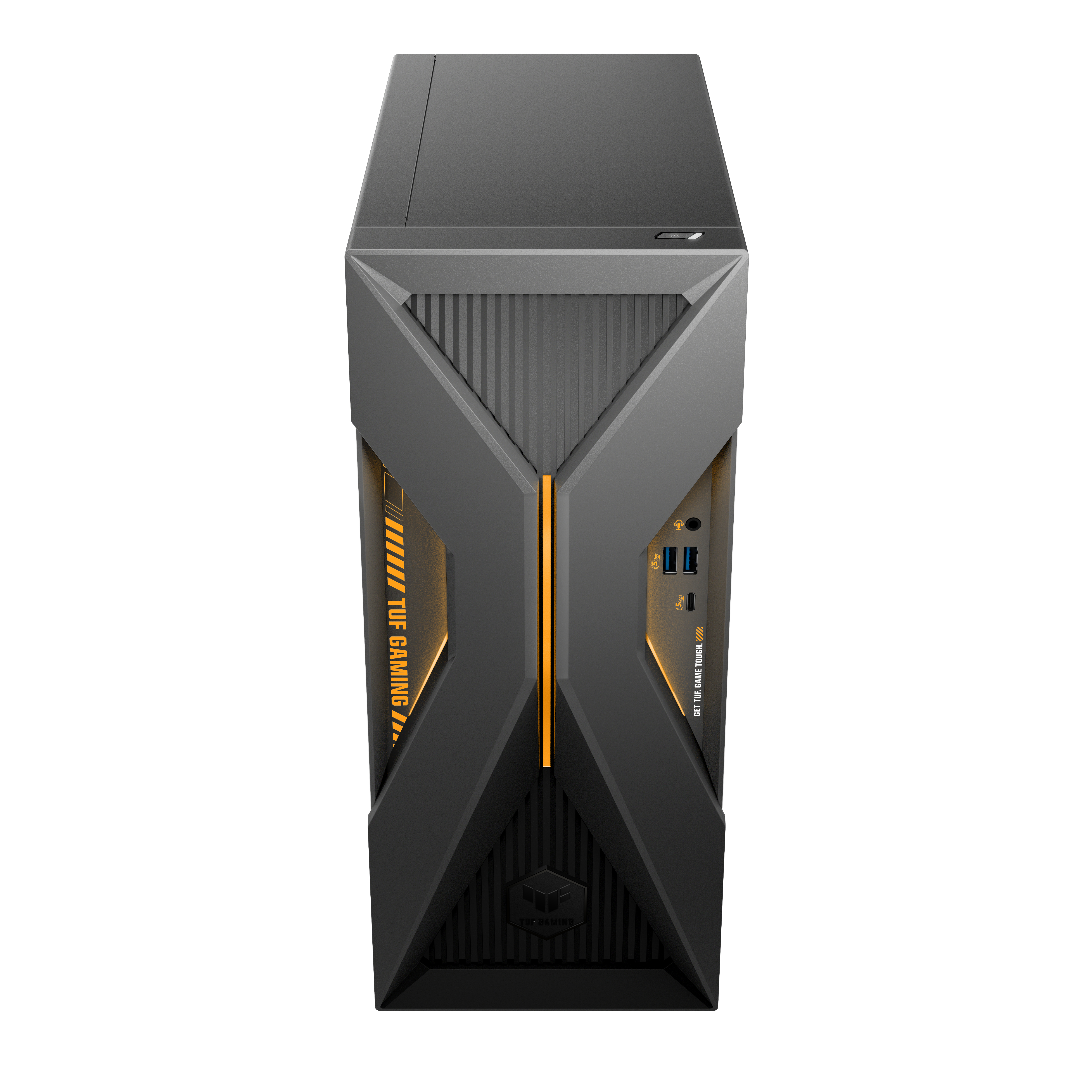 Obudowa komputera z charakterystycznym przodem. Ma czarno-szarą kolorystykę z pomarańczowymi akcentami.