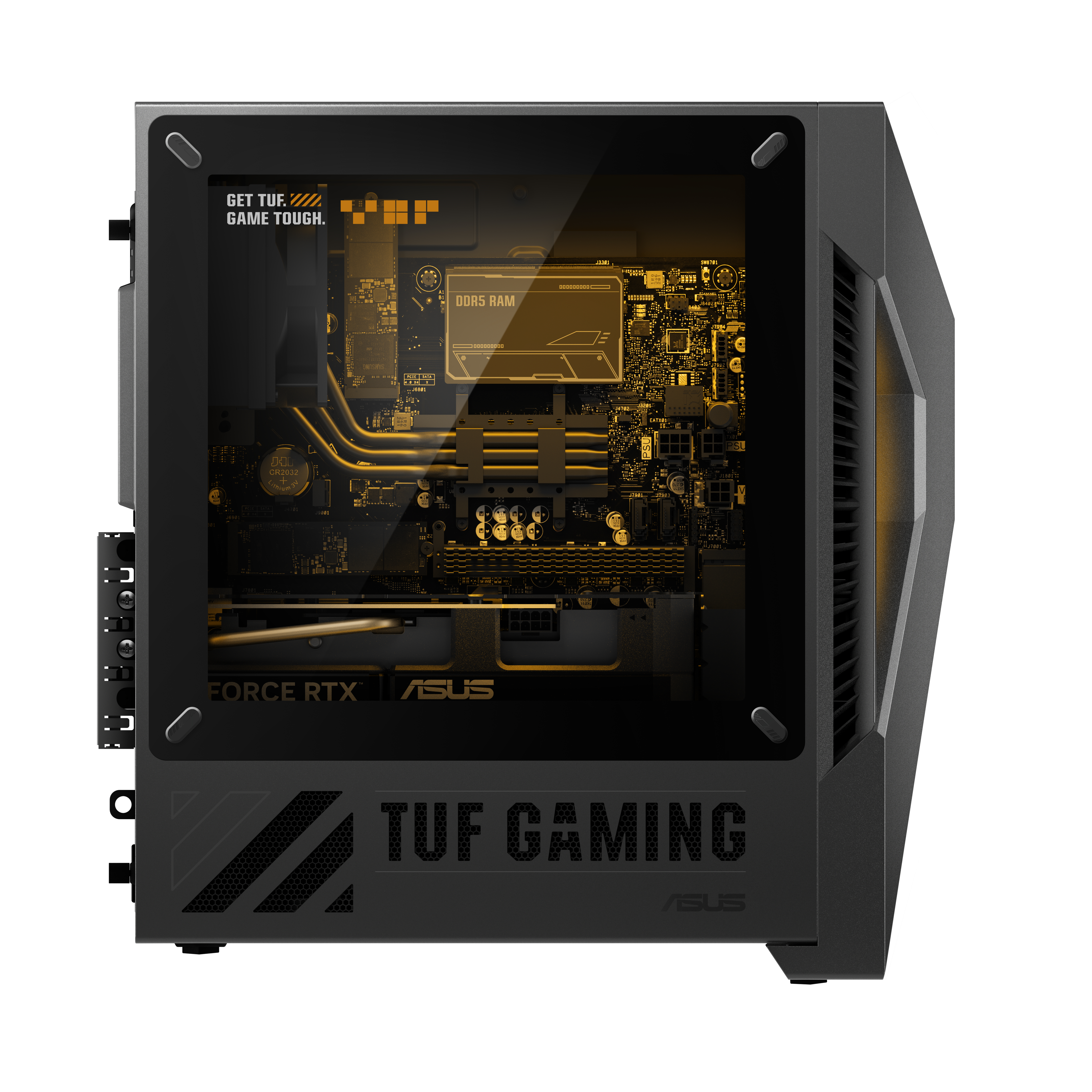 Case PC TUF Gaming, con lato trasparente, che mostra i componenti interni.