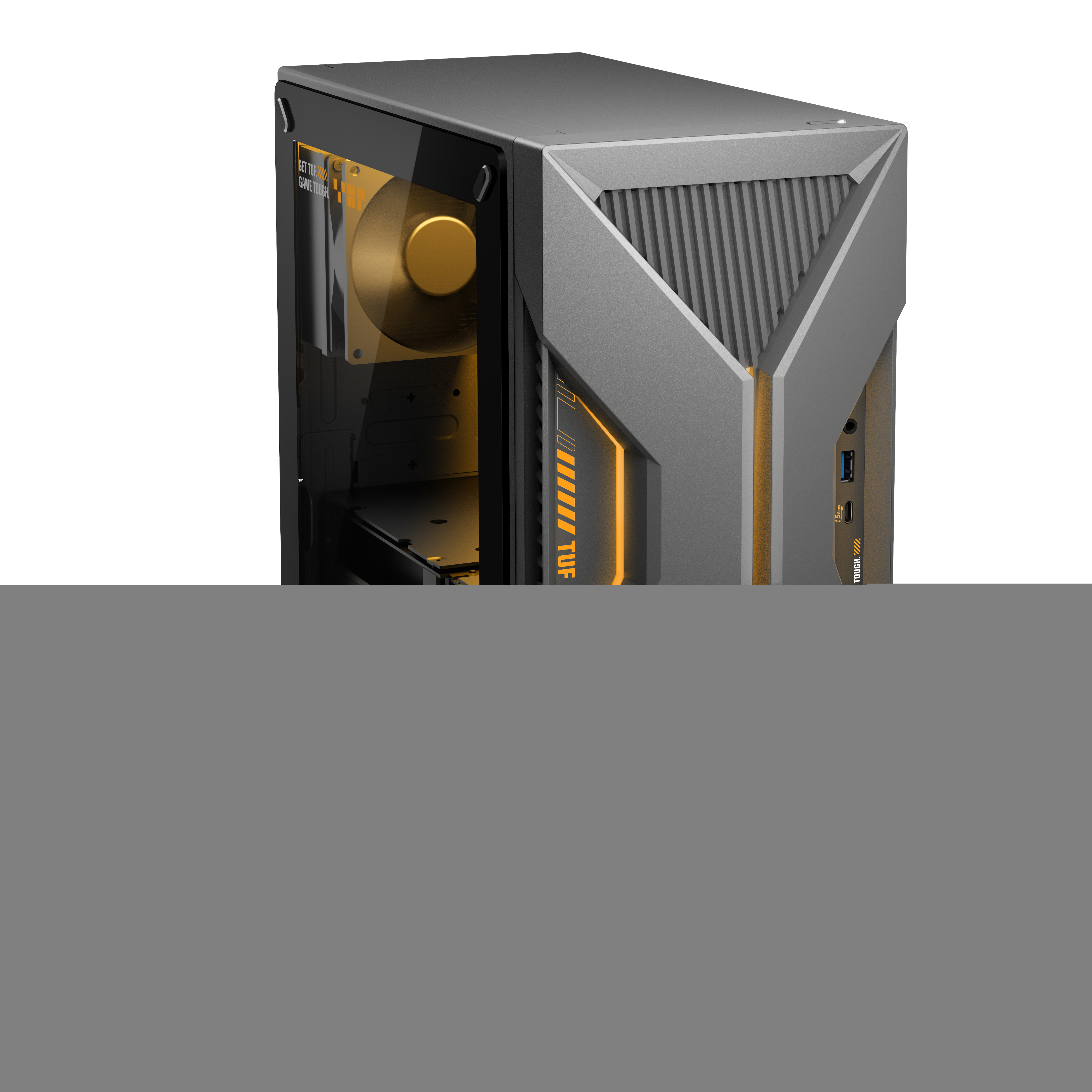 Obudowa komputera z żółtym chłodzeniem procesora i marką TUF GAMING, częściowo widoczna.