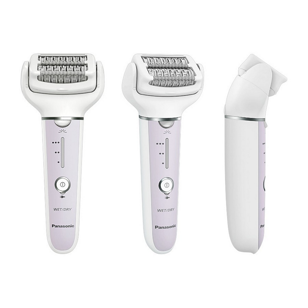 Trzy widoki białej i fioletowej golarki elektrycznej, zbliżenie.