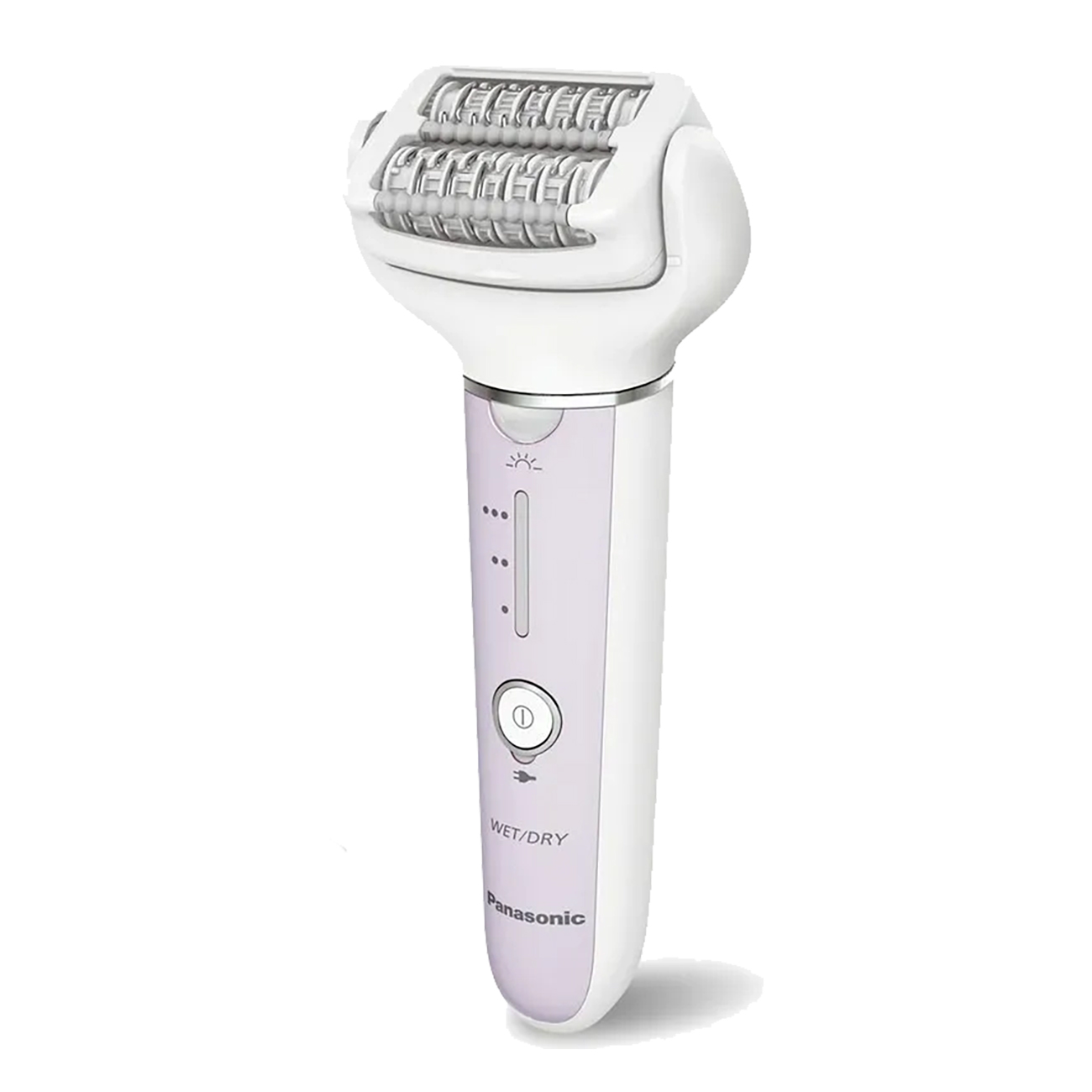 Biało-fioletowa golarka elektryczna, stojąca prosto.