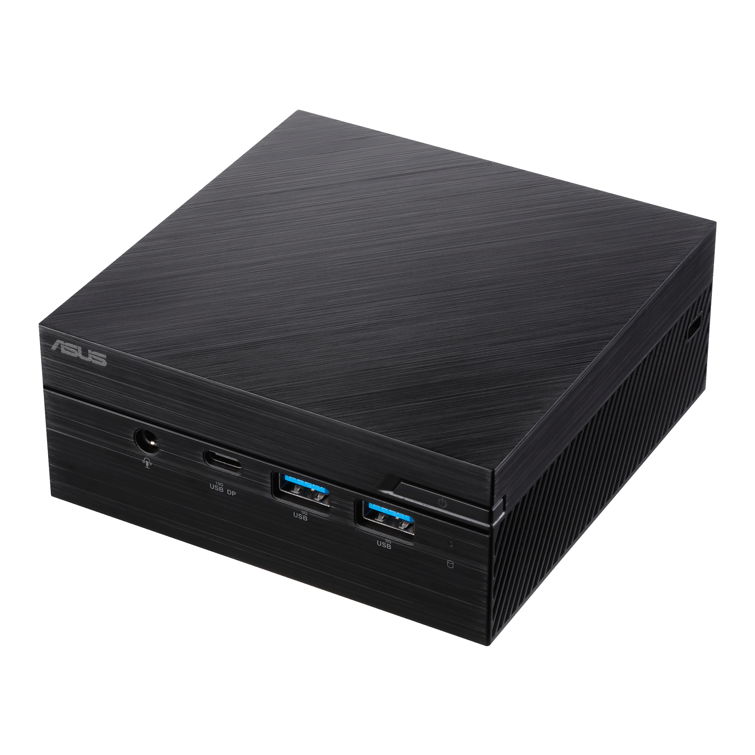 Ordenador de sobremesa ASUS negro. Es una caja pequeña y rectangular con acabado de metal cepillado.