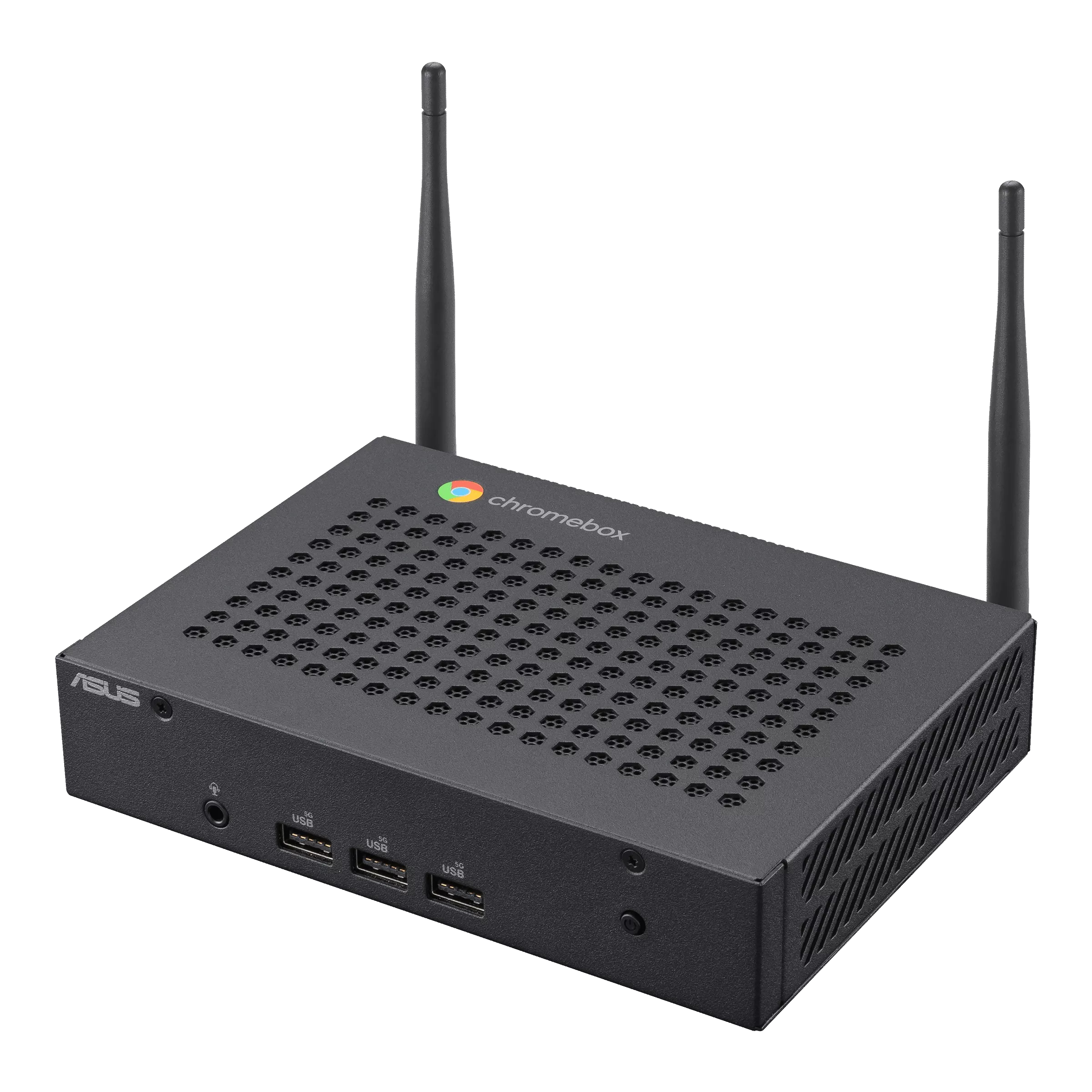Computer chromebox nero con due antenne. Ha molti fori di ventilazione e porte USB.