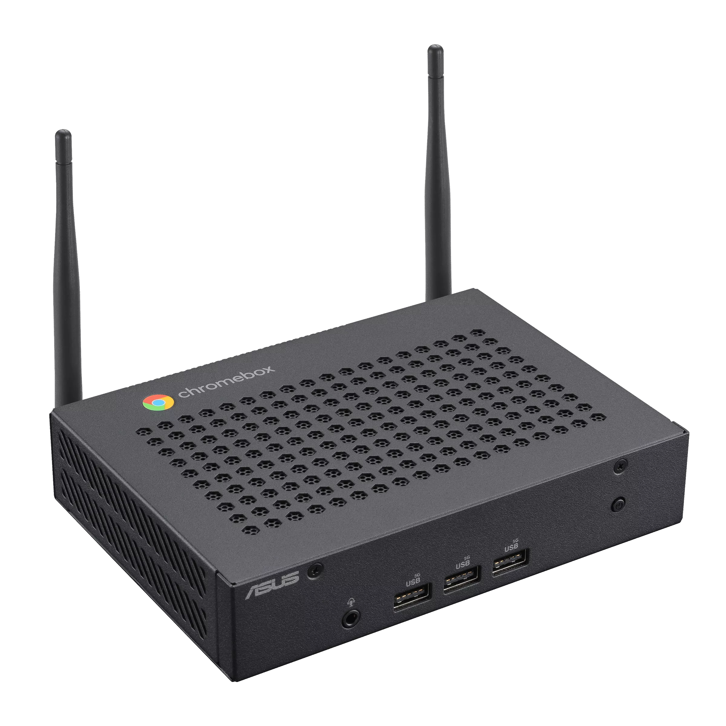 Chromebox ASUS nero con antenne. La parte anteriore ha porte USB e un jack audio. È una piccola scatola.