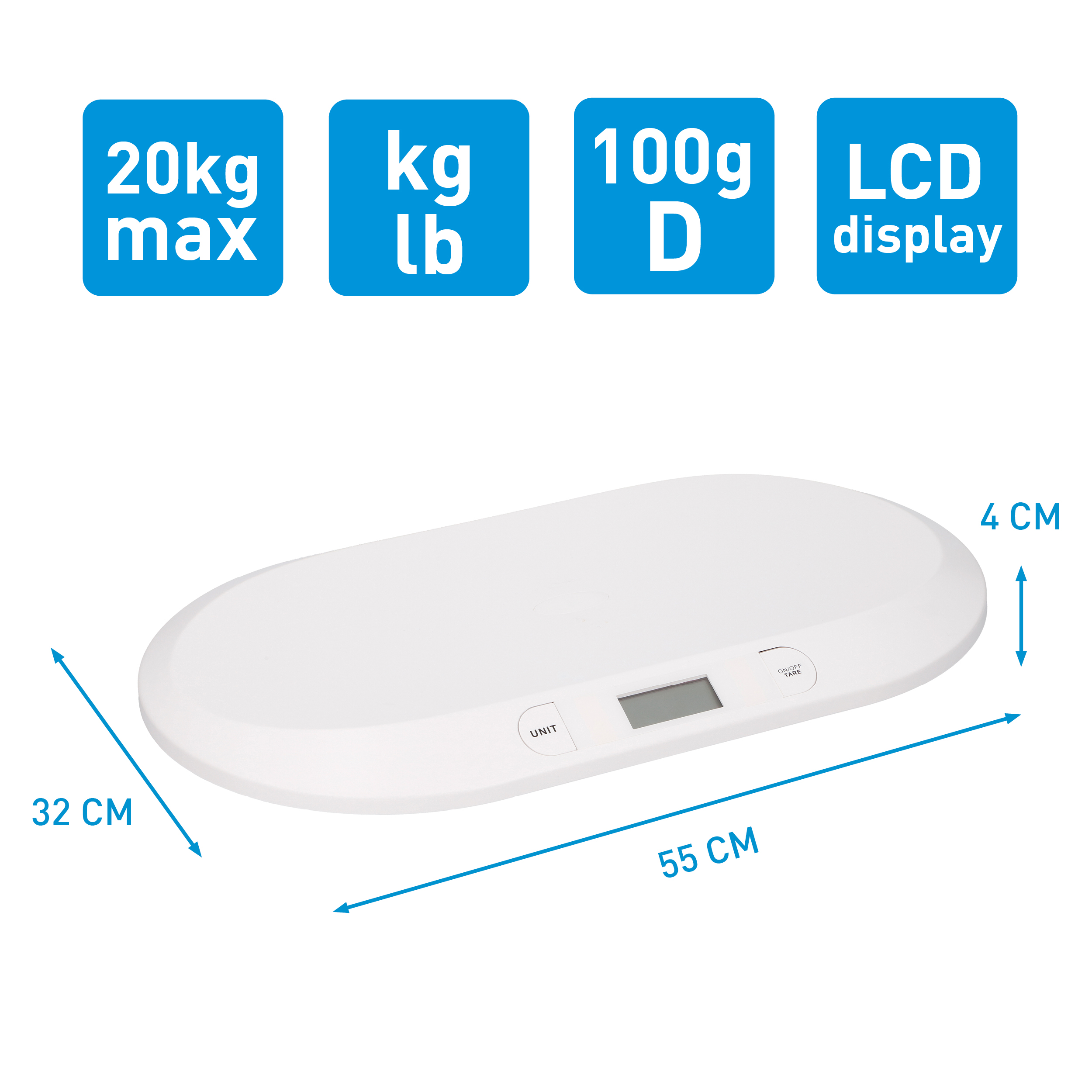 Weiße Babywaage mit Abmessungen und Textbeschriftungen. Die Waage hat ein LCD-Display.