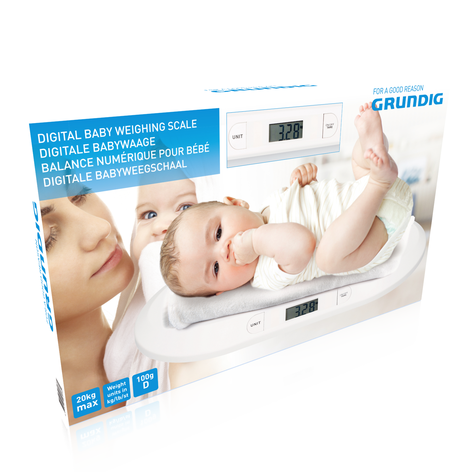 Baby liegt auf einer Babywaage in einer Box. Die Box hat Text und eine lächelnde Frau.