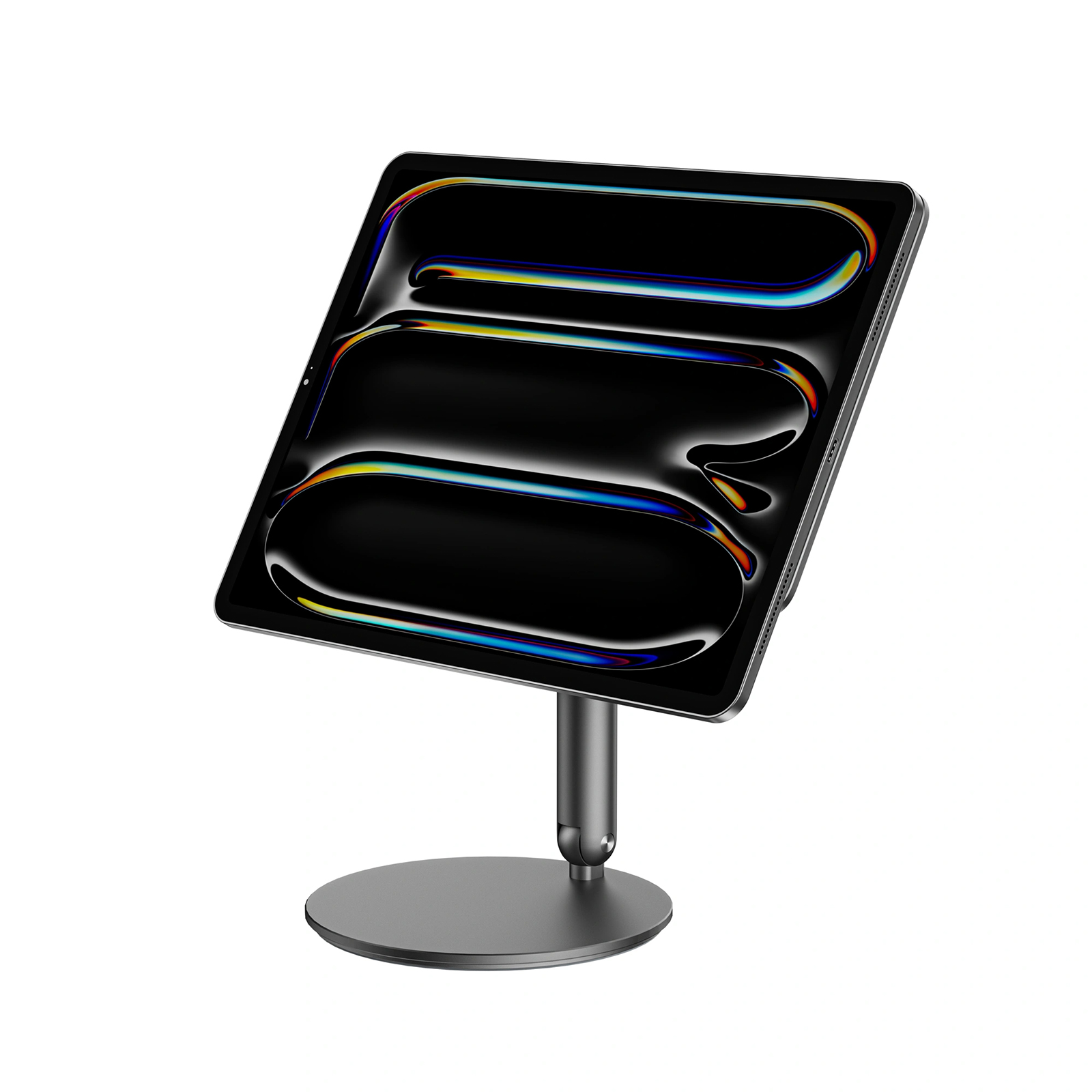 Tablet su supporto. Schermo nero con design colorato, montato su base grigia.