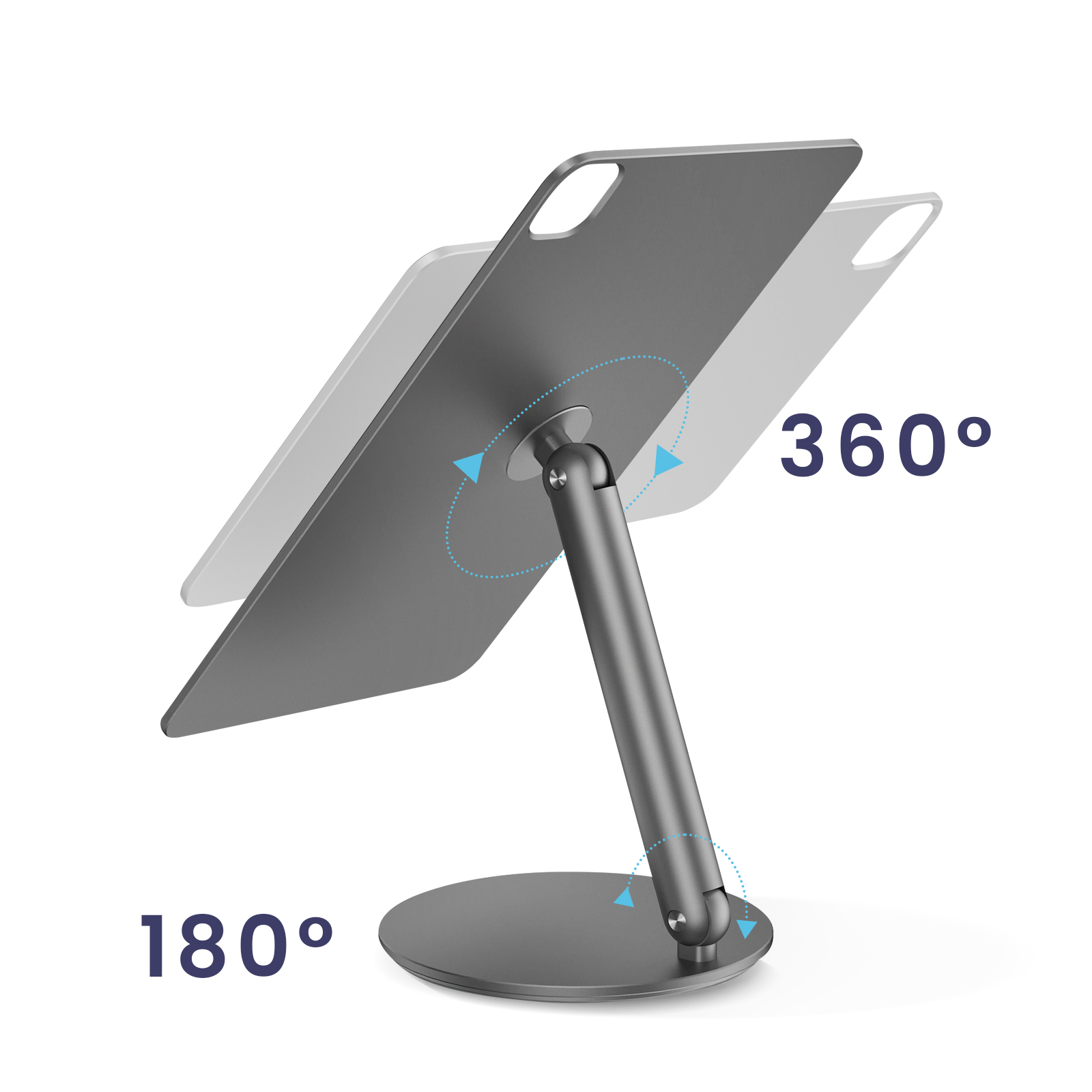 Tablet su supporto. Tablet grigio angolato, su base grigia, diagramma rotazione.