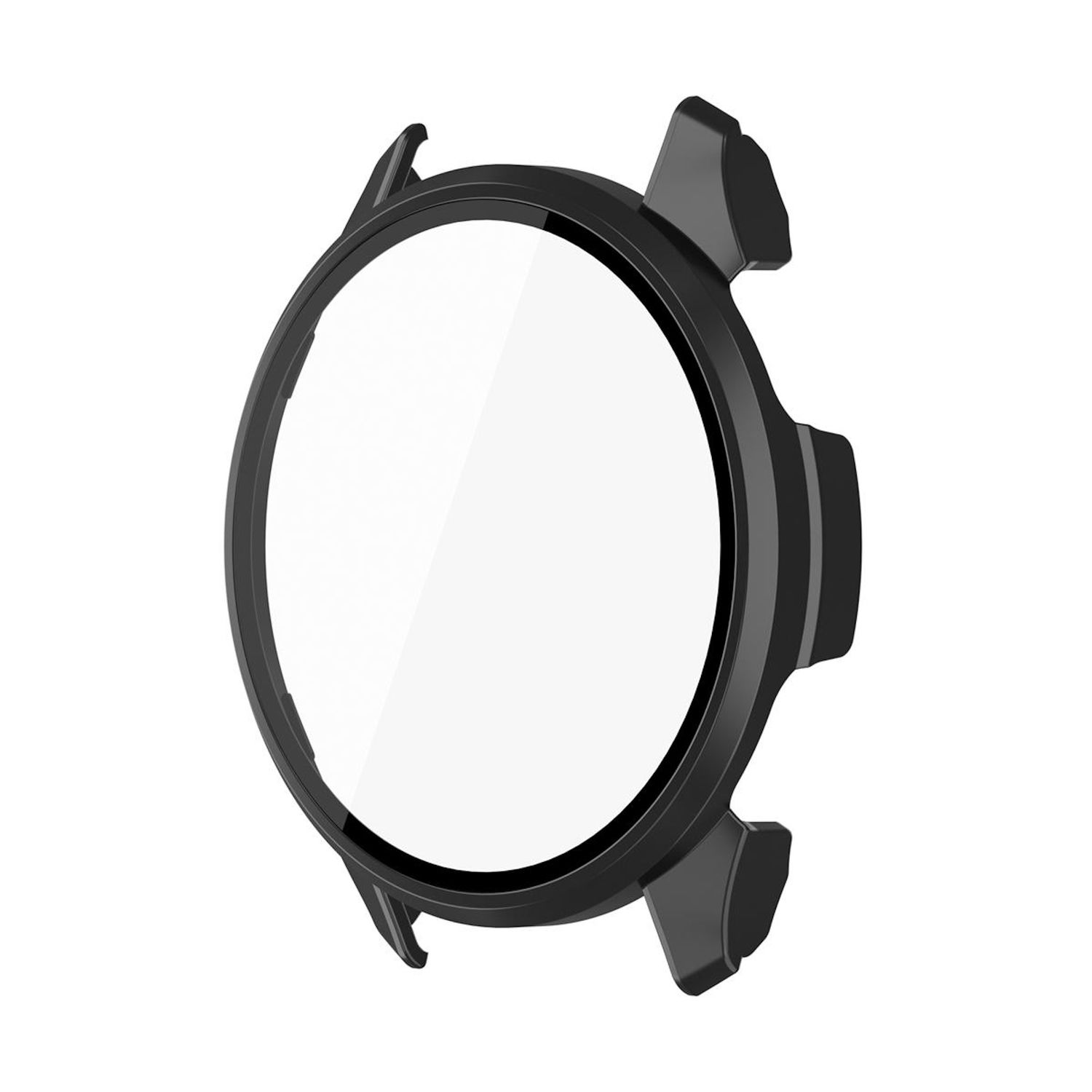 Schwarzer Displayschutz für Smartwatch. Es hat klares Glas und vier Befestigungspunkte.