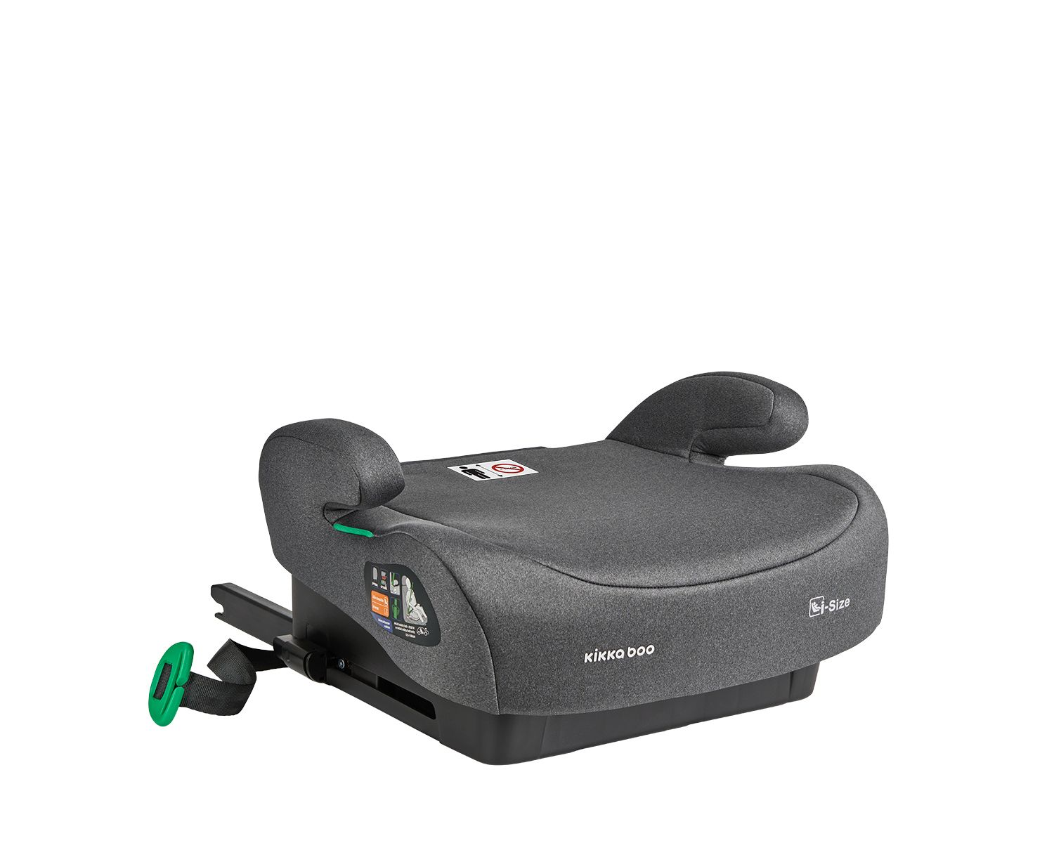 Un asiento de coche gris para un niño. Tiene soportes laterales, un asiento y una base con correa verde.