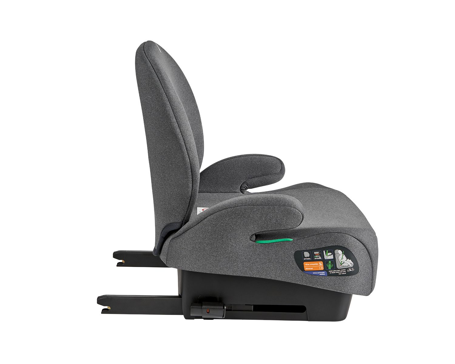 Asiento de coche gris. Tiene reposabrazos y reposacabezas. Base negra. Botón verde en el lateral.