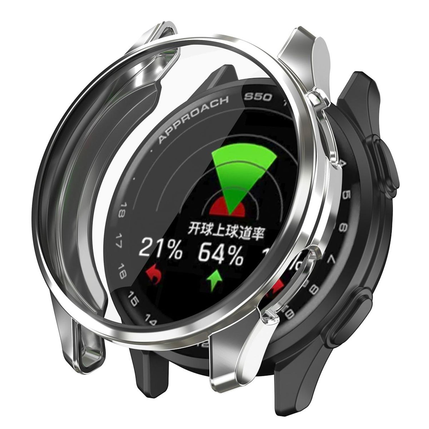 Ein silbernes Gehäuse um eine Smartwatch. Die Uhr zeigt grüne und rote Daten auf dem Bildschirm.