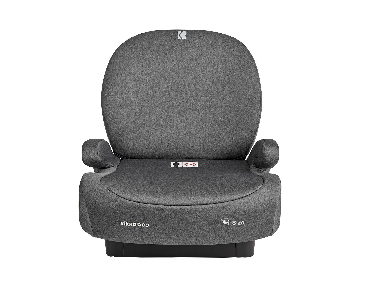 Asiento de coche gris con reposacabezas y reposabrazos. Base negra. La marca "kikka boo" es visible.
