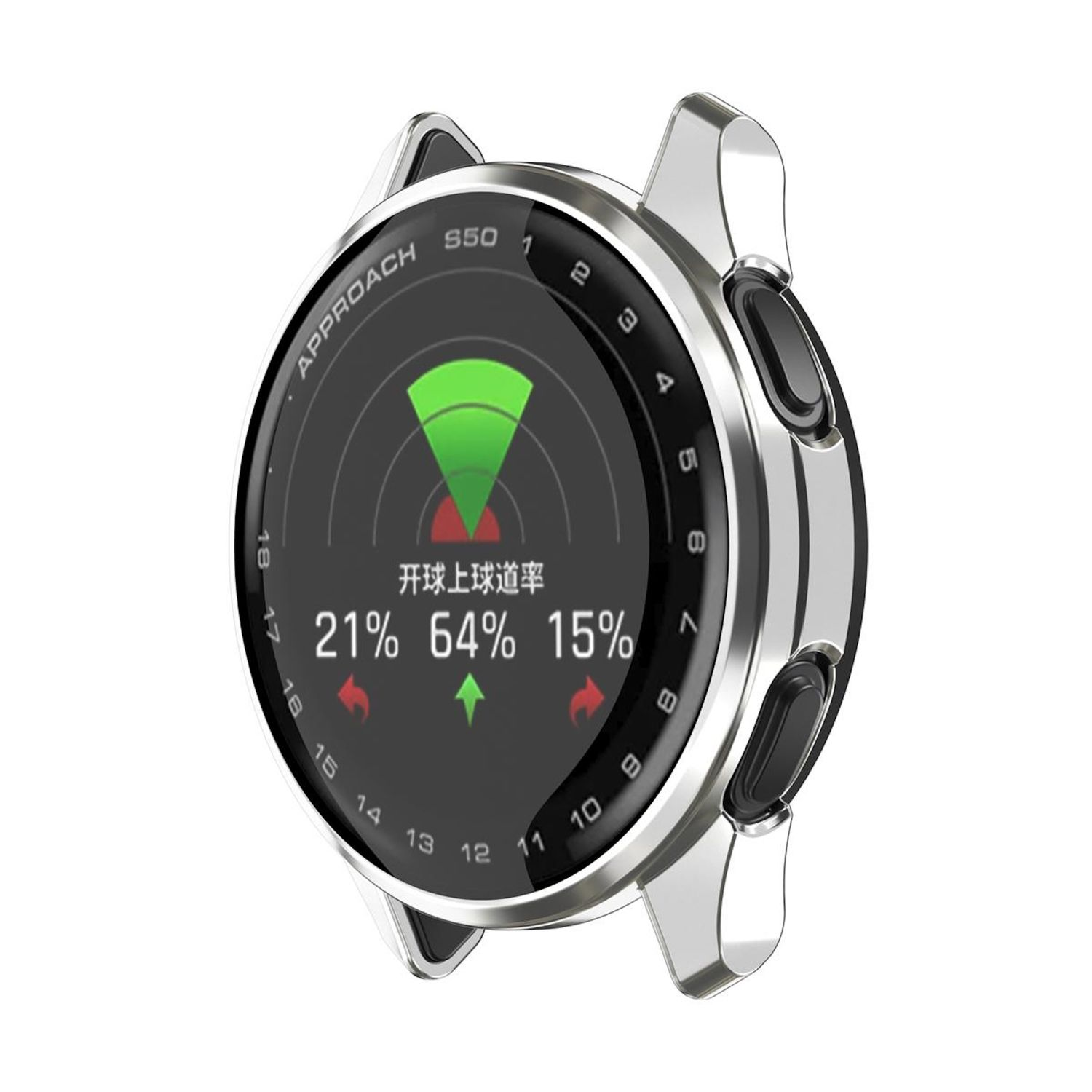 Ein silbernes Gehäuse um eine Smartwatch. Die Uhr zeigt Daten mit Prozentsätzen und einem grünen Pfeil.