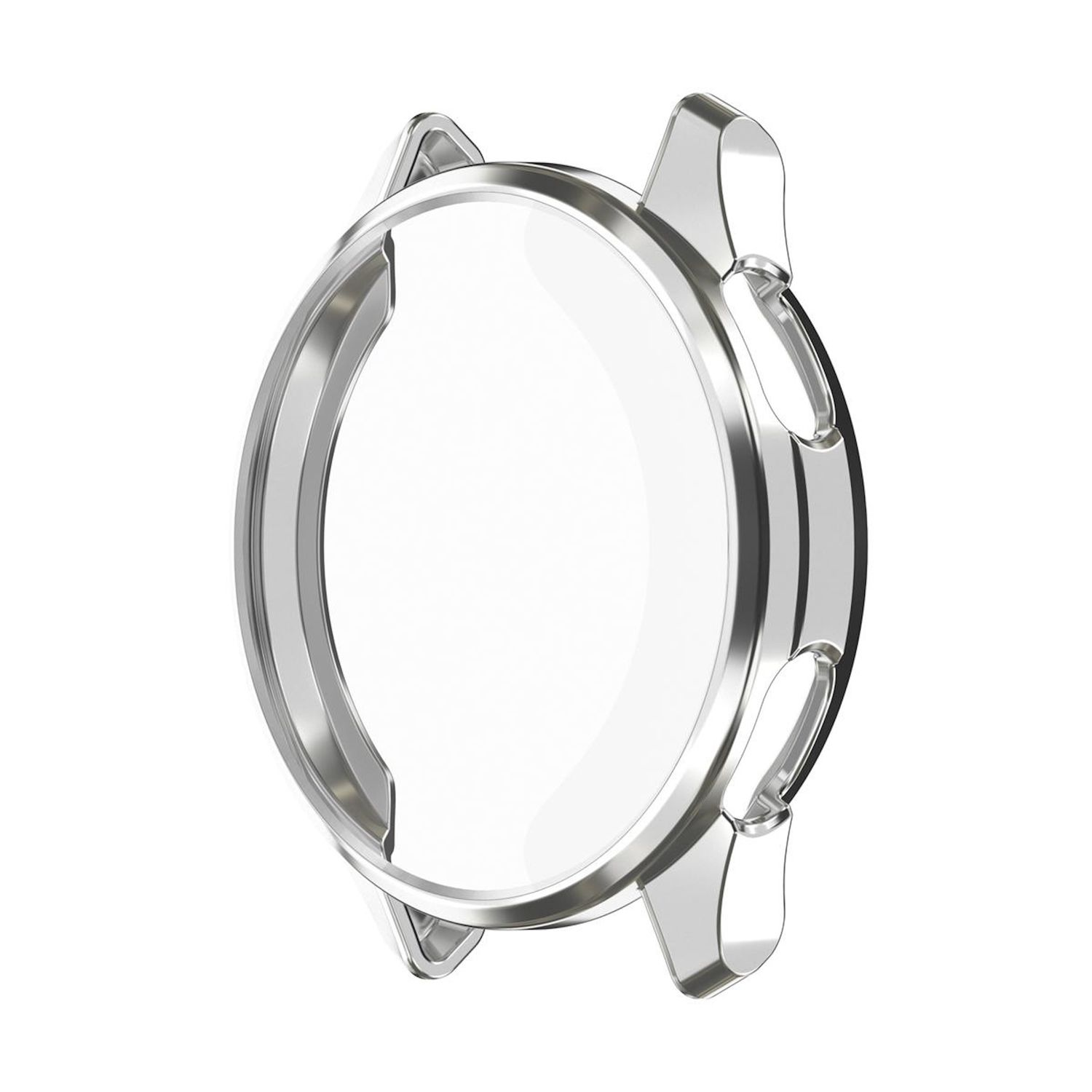 Ein silbernes Gehäuse für eine Smartwatch. Das Gehäuse ist klar und transparent.
