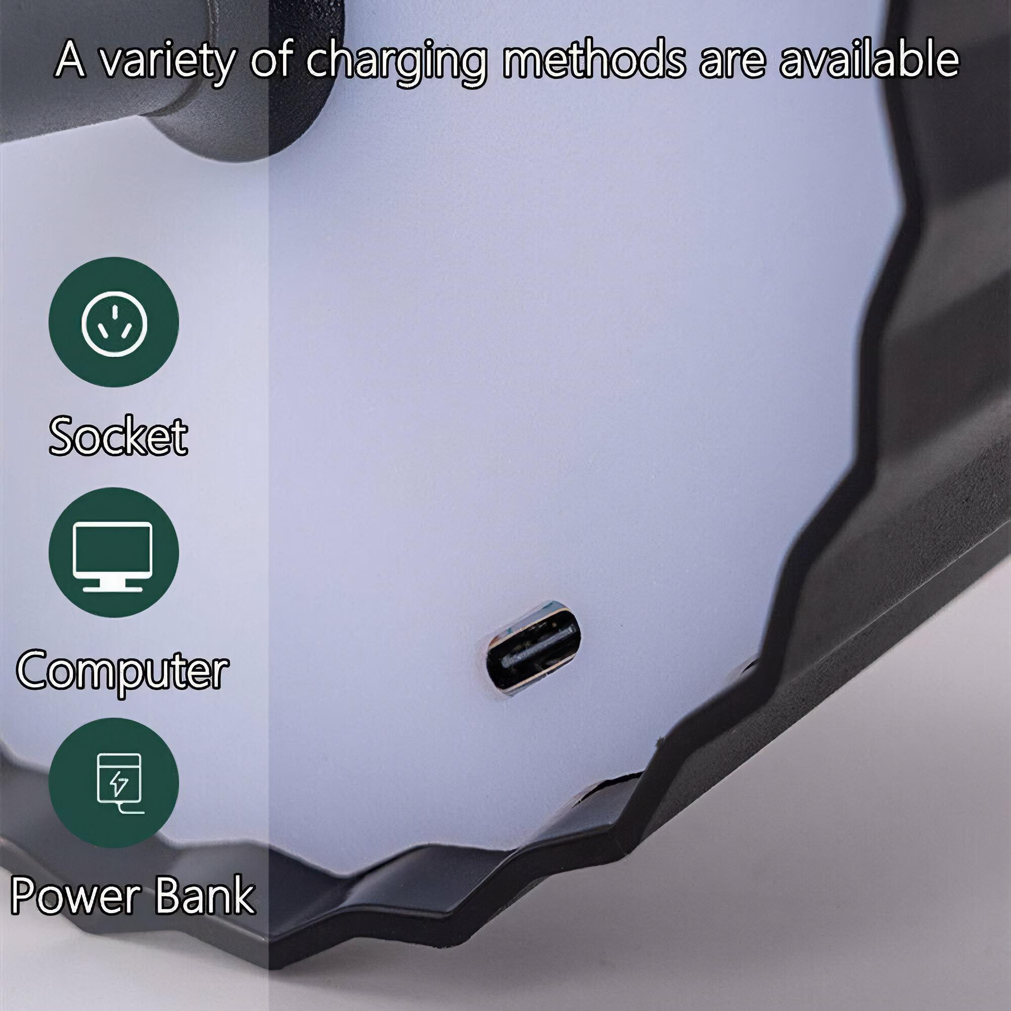 Ein weißes Gerät mit Symbolen für Lademethoden. Optionen sind Steckdose, Computer und Powerbank.