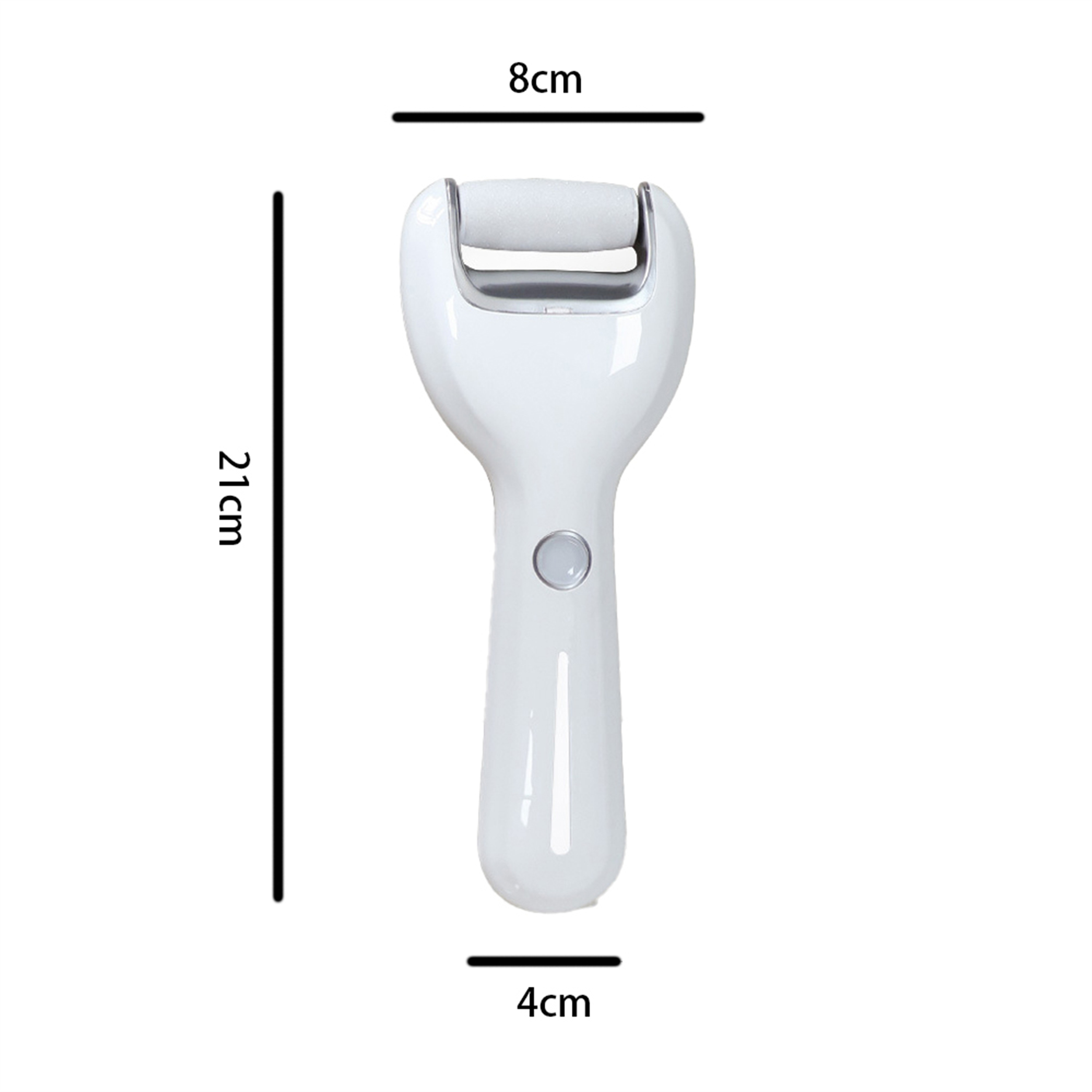 Ein weißes Fußpflegegerät mit den Maßen: 21 cm lang, 8 cm breit und 4 cm dick.
